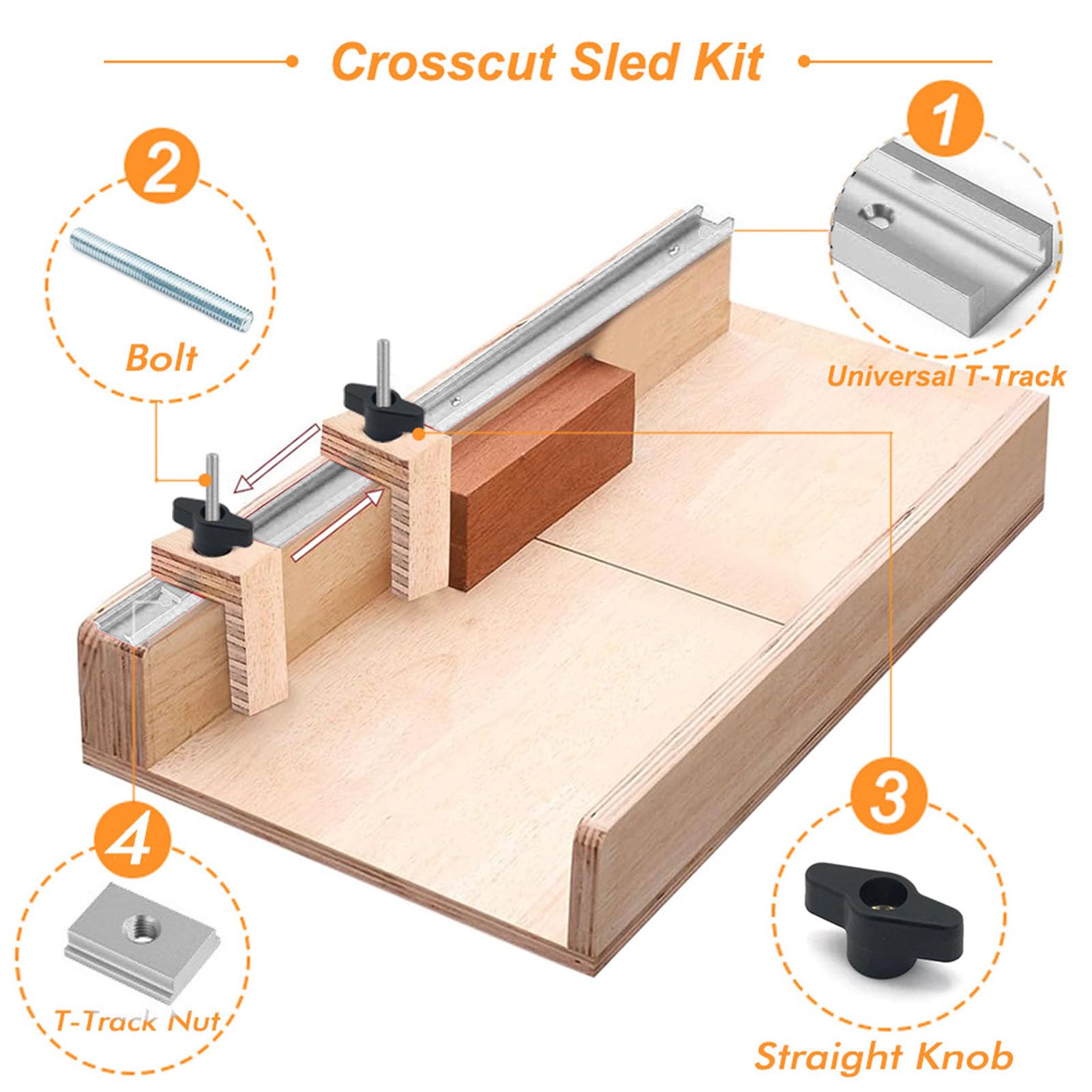 Kit Trineo Sierra Mesa, Carril Guía Ranura Deslizante Carpintería Aleación Aluminio con Barra Inglete, Perilla, Pernos y Tornillos, Plantilla Guía Inglete con Ranura en T