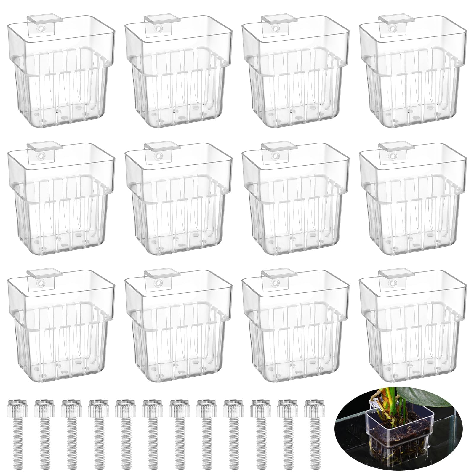 12 Pack Top Hanging Fish Tank Plant Pot Clear Aquarium Plant Holder with Hook Aquatic Plant Cup Holder Aquarium Aquatic P-lant Pot Water Landscape Decoration for P-lant Water Feature Decoration