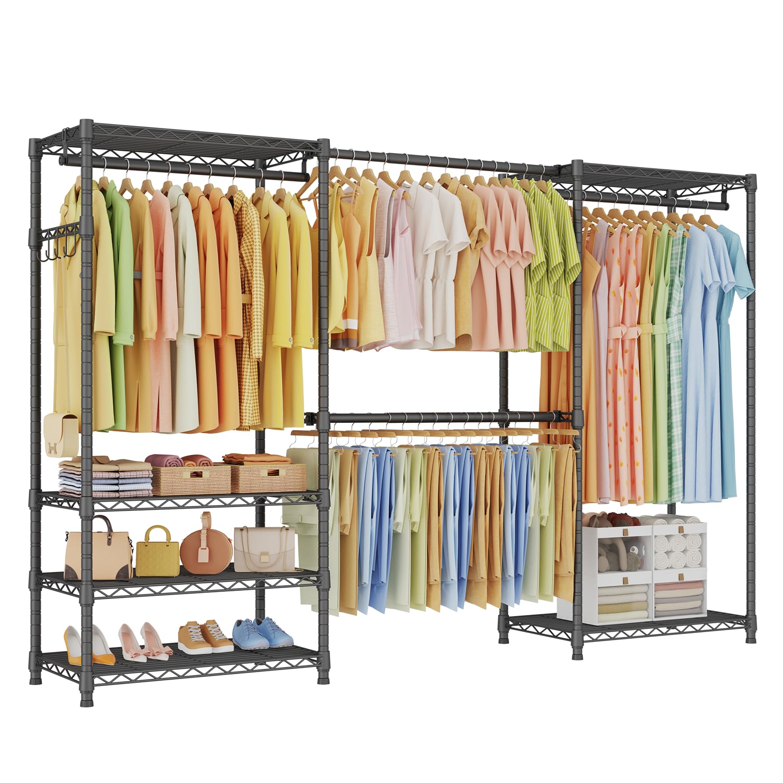 Ulif E1 Heavy Duty Closet Garment Rack, 6 Tiers Adjustable Metal Freestanding Expandable Clothing Storage with 4 Hanger Rods, Easy to Assemble Wardrobe, Black