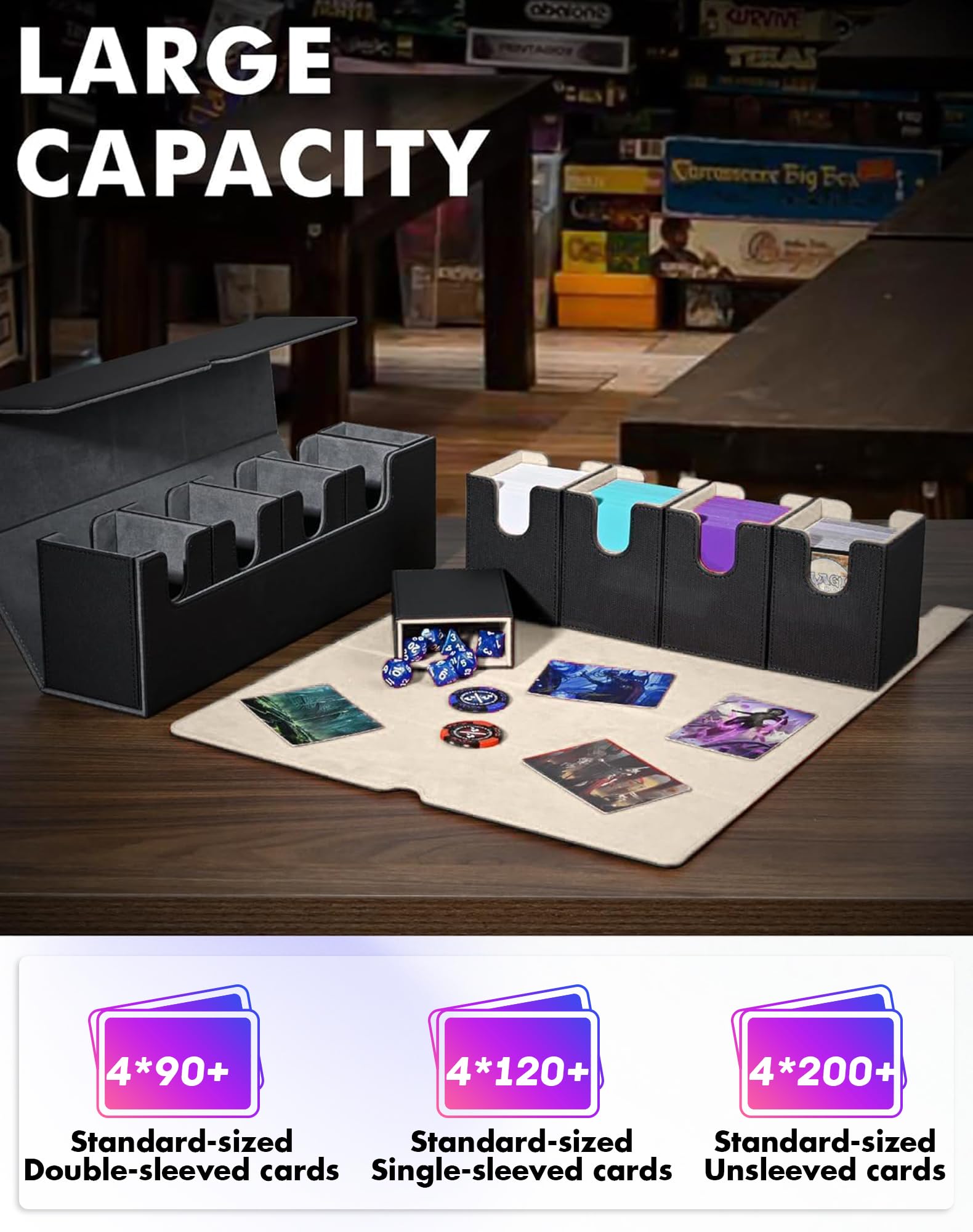 Amazon.com: UAONO Card Deck Box with Dice Tray for MTG, 5 in 1 Deck Case  Holds 800+ Unsleeved Cards, Strong Magnet Card Organizer Compatible with  Yugioh TCG Sport (Black Gold) : Toys & Games