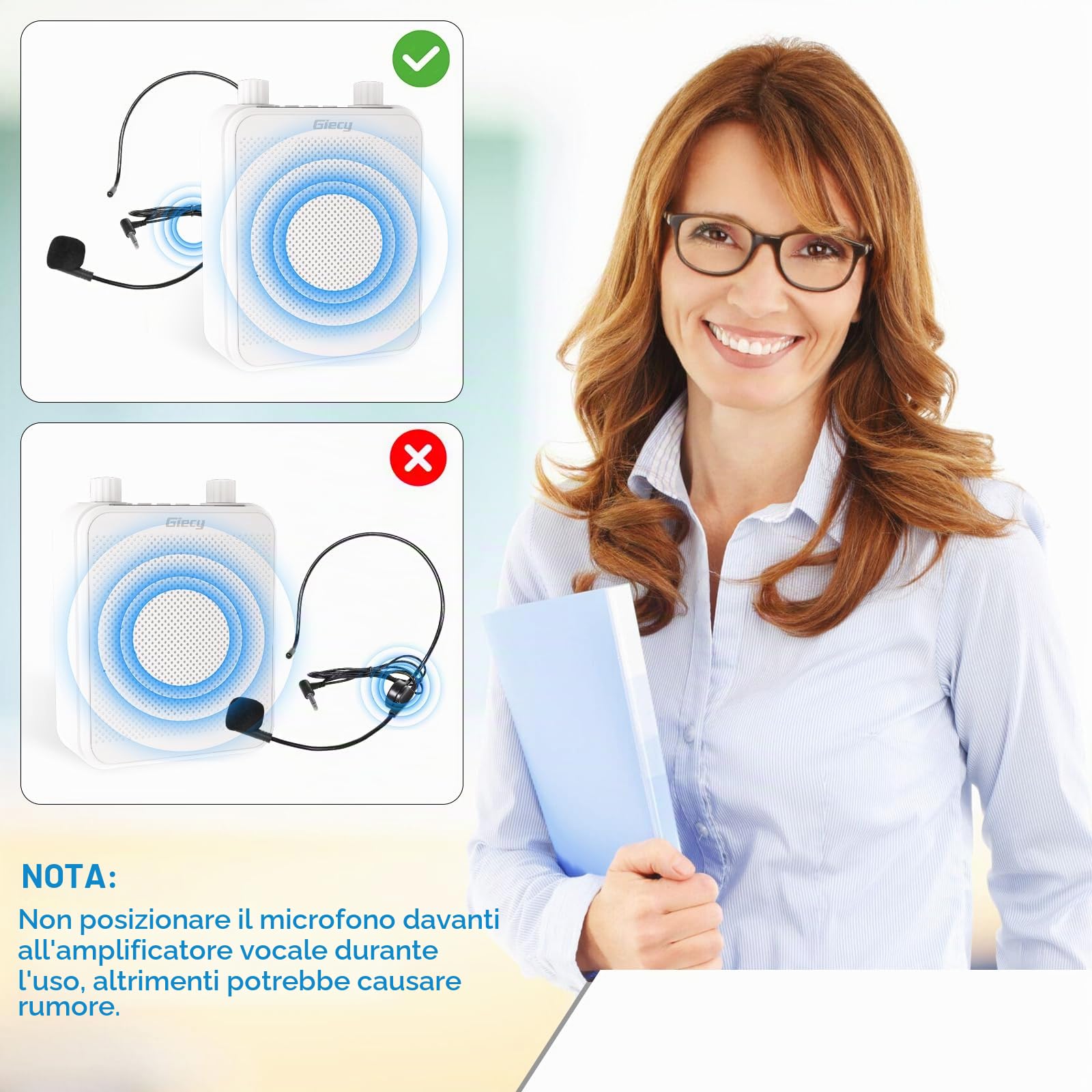 Amplificatore vocale portatile con microfono Batteria ricaricabile 2800mah Sistema PA per insegnanti, guida turistica, allenatori, presentatori(Bianco)