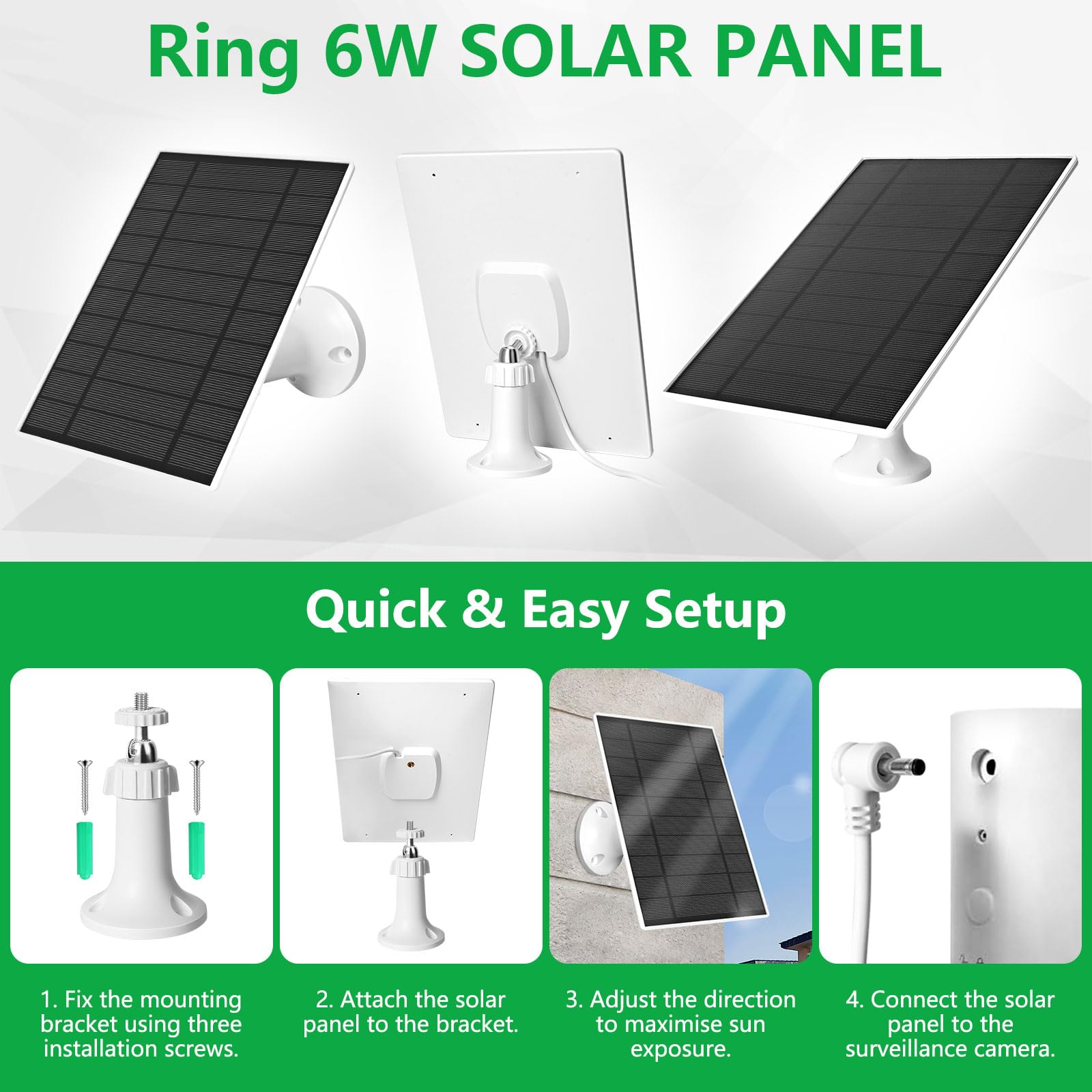 Hossom Pannello Solare per Telecamera Ring, 6W Solare per Ring Spotlight Cam Pro/Plus & Stick Up Cam/Pro, cavo da 9,8 Piedi, Pannello Solare IP66, porte USB-C e DC 3,5 mm