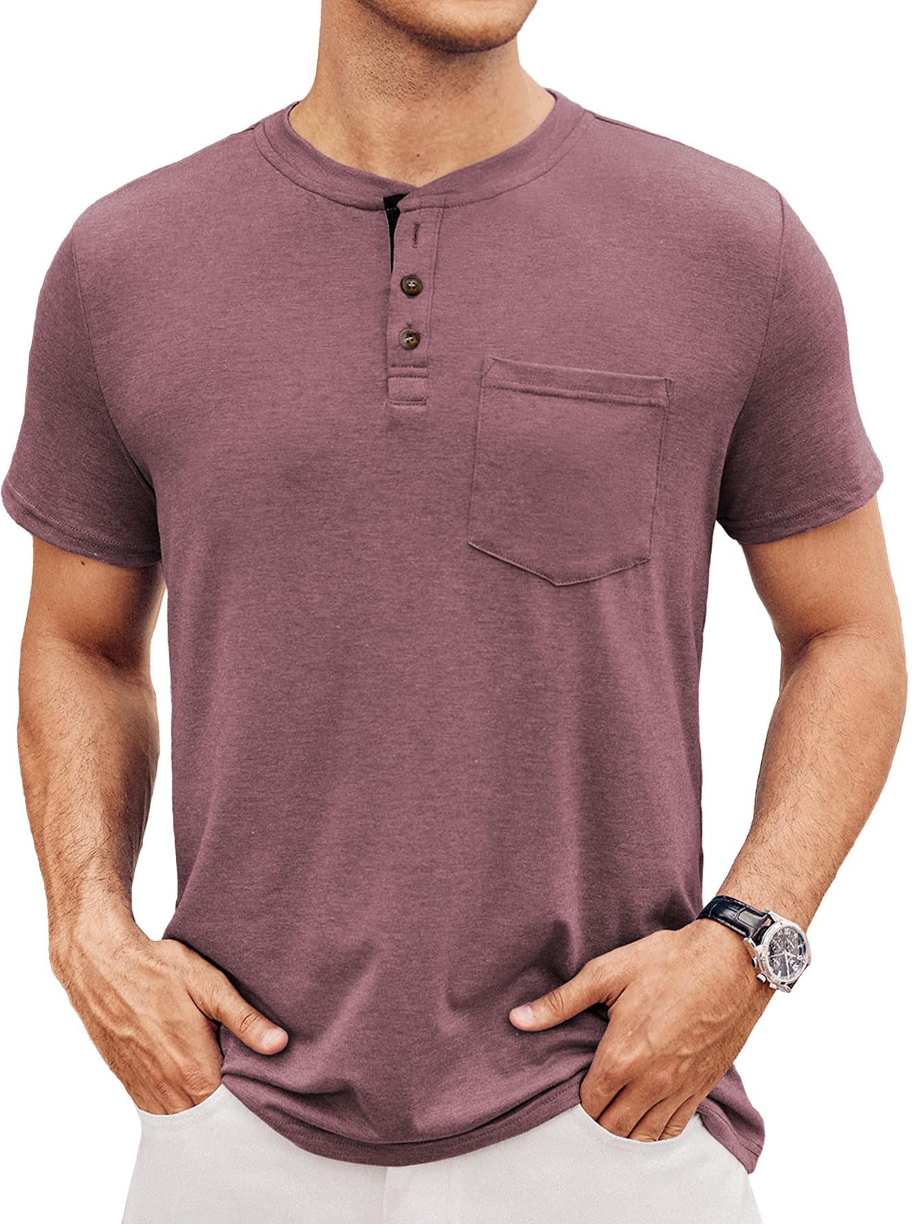 Hardaddy Men's Henley Short Sleeve Casual Button Up Basic Pocket Tee Shirts