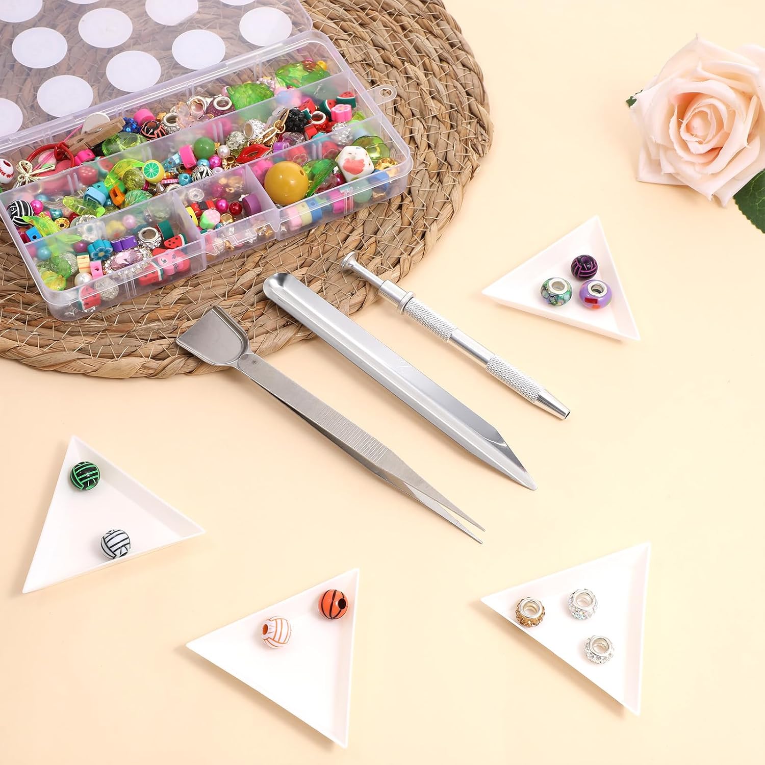 Viliqiou 13 PCS Craft Jewelry Bead Diamond Scoop Set, Stainless Steel Tweezers, Sorting Trays for Rhinestones, Pearls, Gemstones, DIY Tools and Supplies