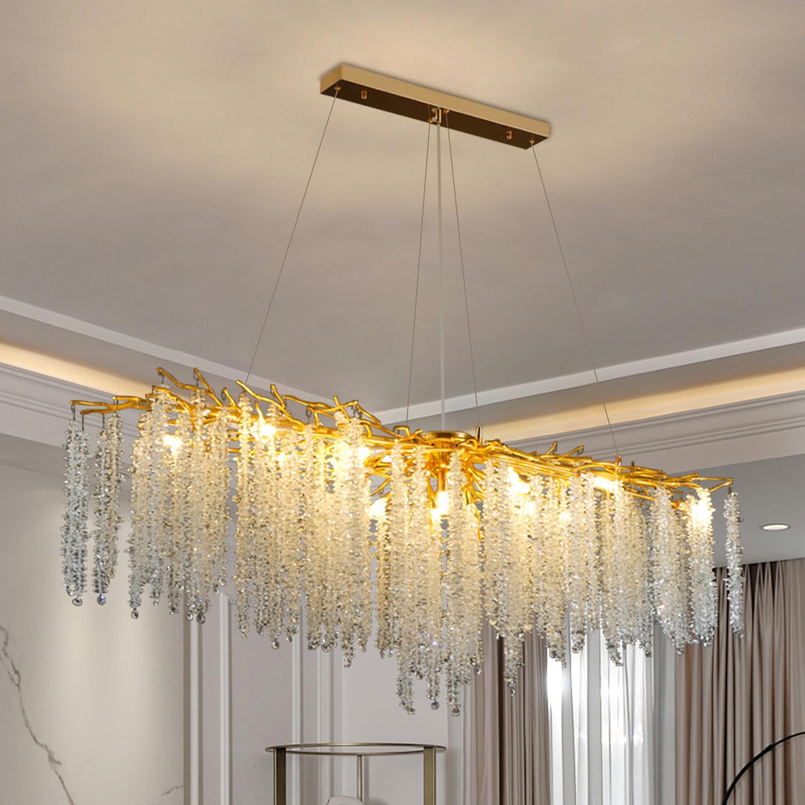 Leomix One Color Modern Crystal Tree Branch Chandelier, Gold Aluminum Crystal Raindrop Chandeliers Indoor Hanging Pendant Light Fixture For Dining Room Kitchen Island Living Room Bedroom,Rectangular L150cm