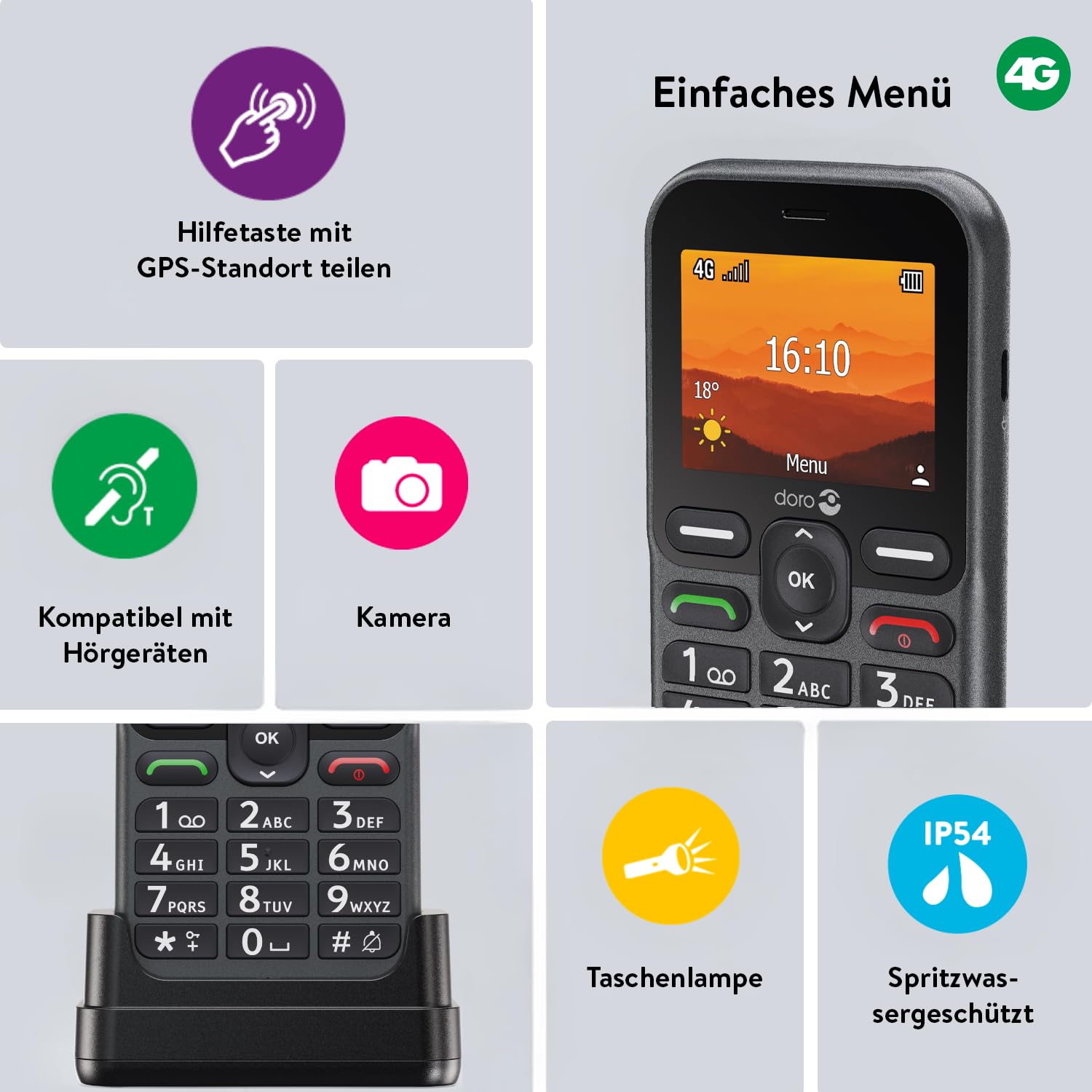 Doro - Leva L10 - Téléphone Portable Senior - Téléphone 4G Débloqué - Grand Écran - Son HD Puissant - Appareil Photo - Touche d'Assistance Avec GPS - Socle Chargeur Inclus - Graphite