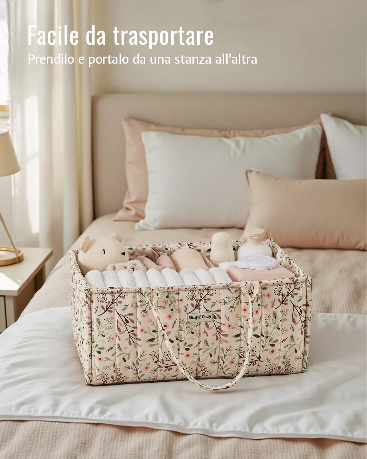 Blissful Diary Organizer per pannolini, Organizer Fasciatoio, Cesto Prodotti Neonato, Cestino di Archiviazione Elegante per Necessità Neonatali e Stazione per Luiers, Margherita Pastorale