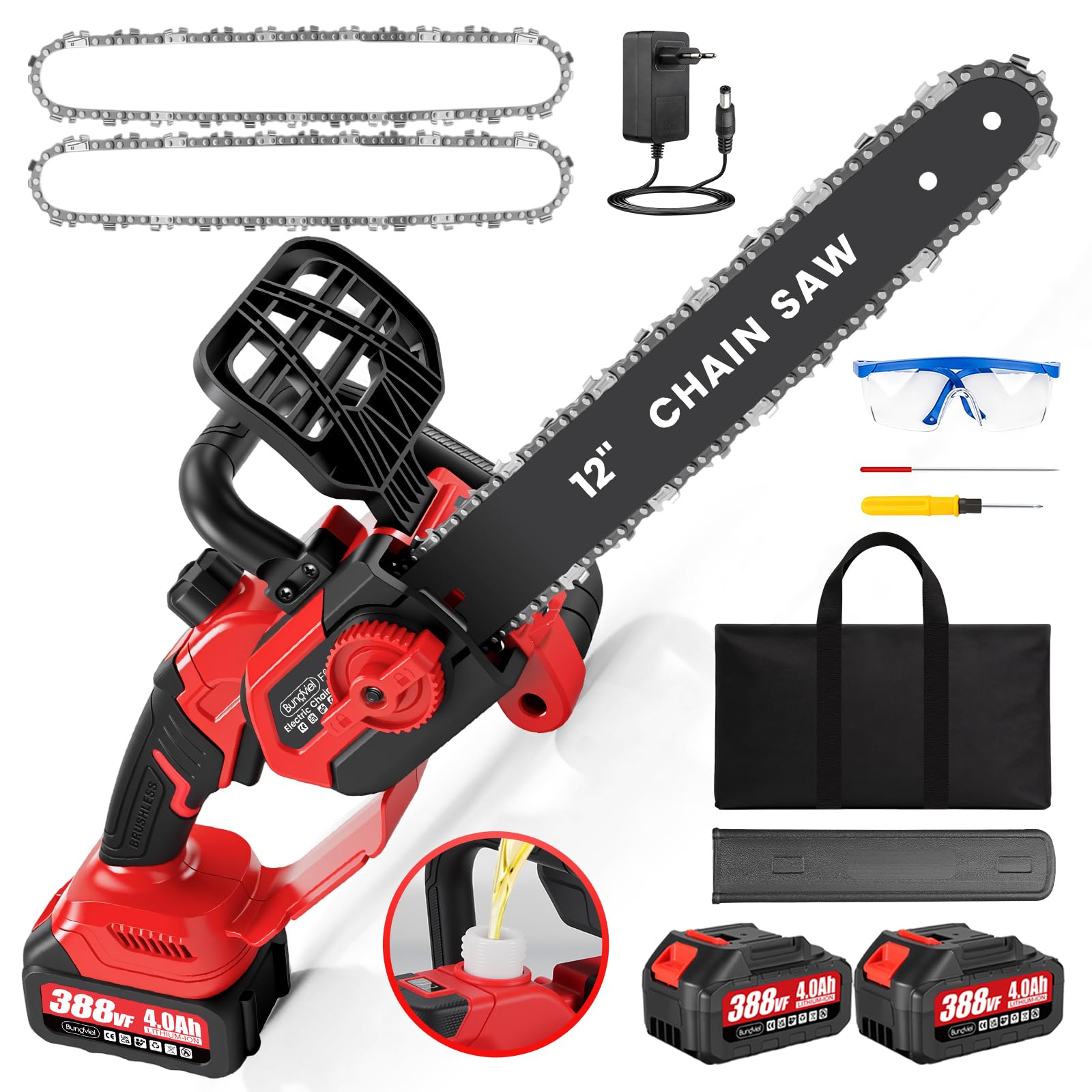 Akku Kettensäge Kompatibel mit Makita Akku, 12 Zoll Astsäge Akku Bürstenlosem Motor mit 2×4Ah, 2 Ersatzketten, Elektro-Kettensäge mit Autom. Kettenschmierung, ideal für Gartenholz & Äste