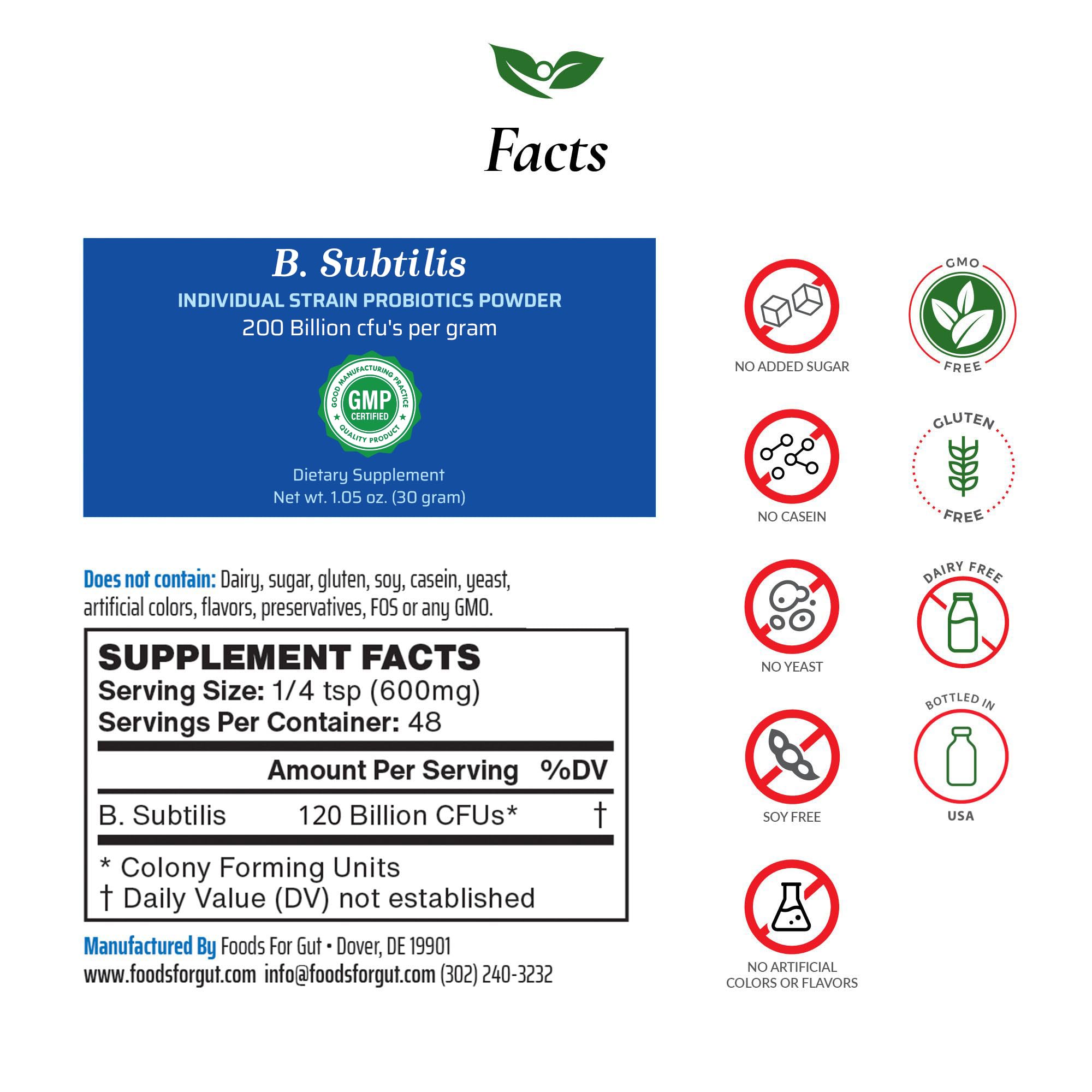 Foods For Gut Bacillus Subtilis Probiotic Powder 200 Billion cfu's | Digestive & Immune Support | High Potency | B. Subtilis | 30 Gram (1.05 Oz)