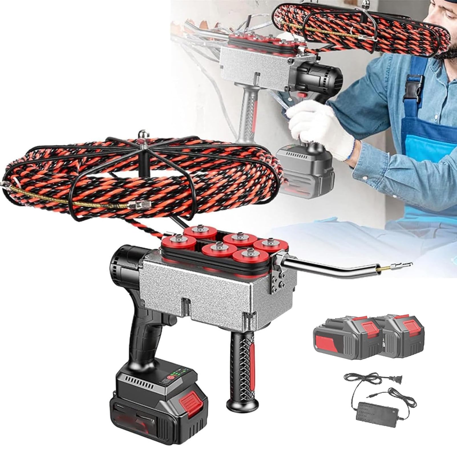 Pnpaea Automatic Cable Threading Tool,Hydroelectric Electrical Drill Wire Puller,Portable Threading Tools,for Professional Tennis/Badminton Tournaments 15MeterLeadWire-2batteris(15cells)