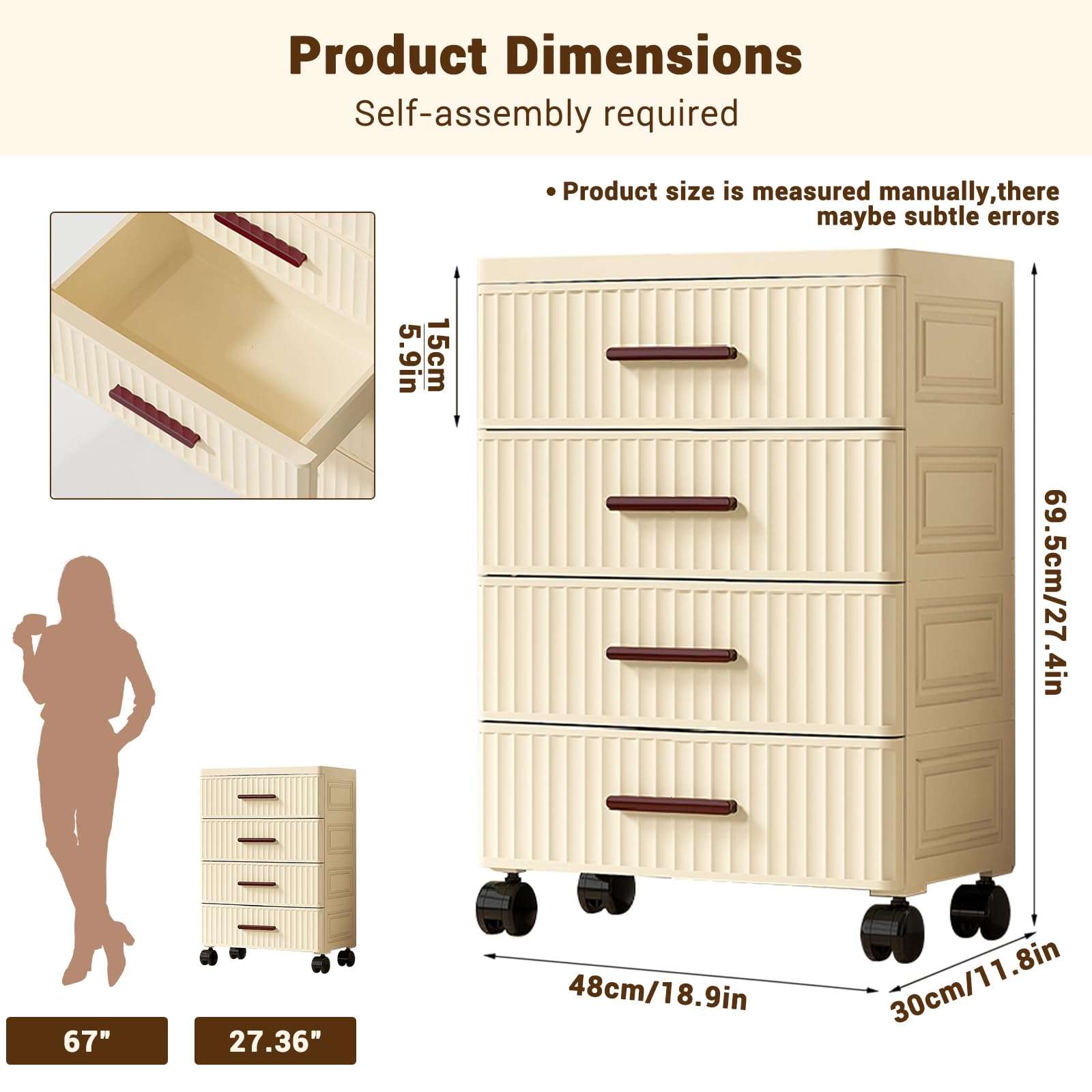 Boîte de rangement mobile en plastique avec roulettes à 4 niveaux pour chambre à coucher, salon, bureau, maison, 48 x 30 x 69,5 cm