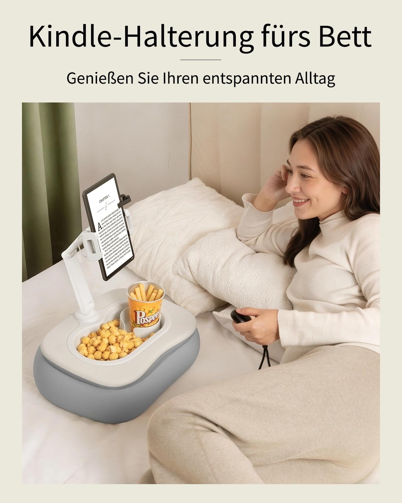 SAIJI Supporto per cuscino per tablet da letto regolabile per iPad con ciotola per snack di qualità alimentare, accessorio per bambini da 4,7 a 15,6 pollici, smartphone, tablet, grigio