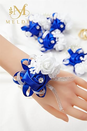 Miniatura 4 de Meldel Ramilletes de muñeca de flores para boda, juego de 6, ramilletes de muñeca azul real para baile de graduación, novia, dama de honor, niña,