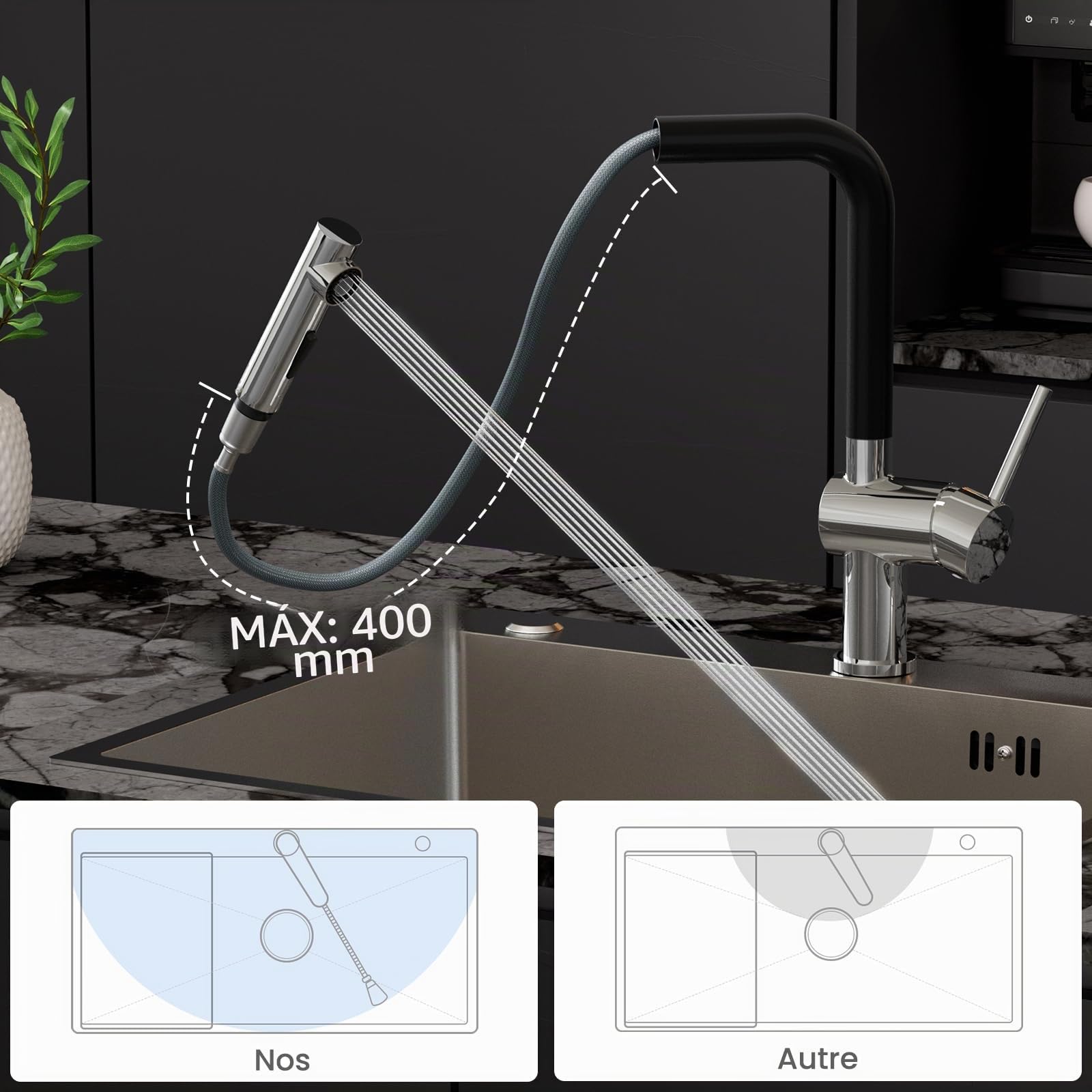CECIPA Grifo Cocina, Grifo Cocina Fregadero Extraíble con dos Modos Chorro, Mezclador con Palanca única para Fregadero, Giratorio 360°, Aleación Zinc, Negro-Cromo