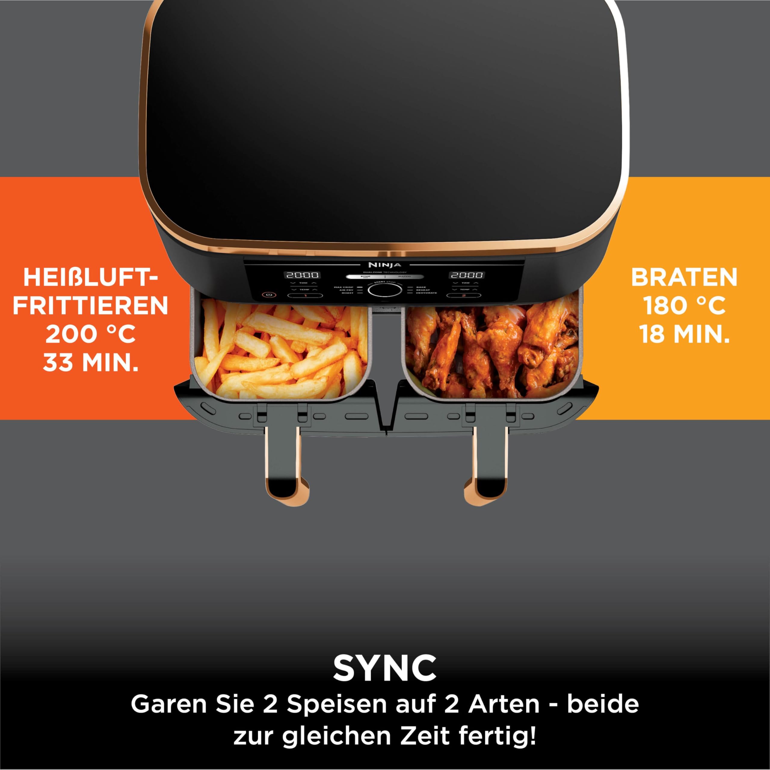 Ninja Foodi MAX Dual Zone Heißluftfritteuse 9,5L Airfryer 2 Fächer Antihaftbeschichtung spülmaschinenfeste Körbe 6-in-1 Kupfer/Schwarz AF400EUCP