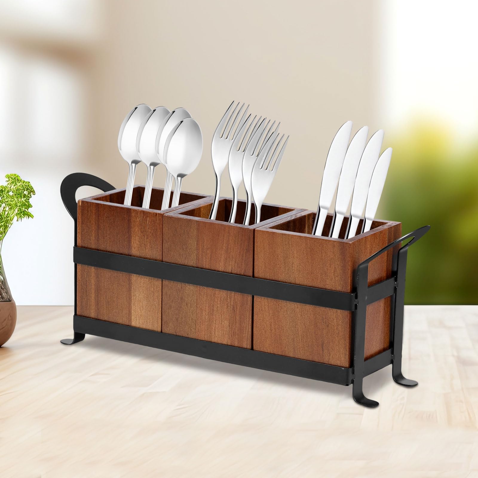 Panier de vaisselle en bois avec 3 compartiments, grande capacité, porte- ustensiles de cuisine pour fourchettes, cuillères et couverts