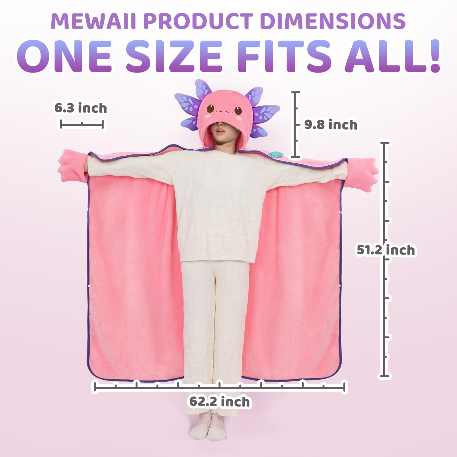 Mewaii Oversized Wearable Blanket Hoodie- Kawaii Axolotl Hooded Cloak,Soft Plush Flannel Blanket Hoodie,Unisex Cozy Blanket for Kids Women Men,Great Gift for Christmas&Birthdays (51.2"x62.2") - Image 3