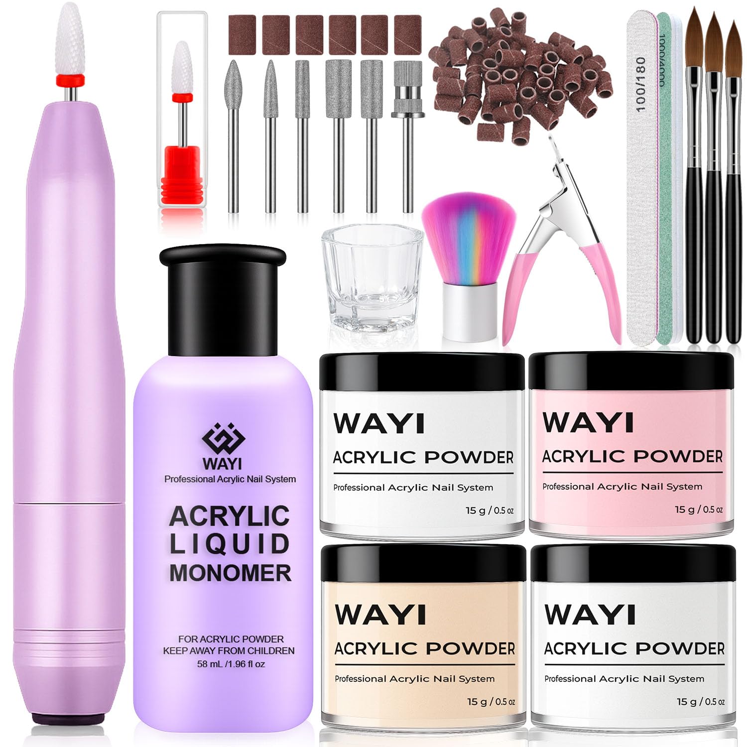 WAYI Acrylic Nail Kit with Drill for Beginners – 58ml Acrylic Nail Liquid, 4×15g Powder (Pink/White/Clear/Nude), 3 Brushes (#8 #10 #12), 50PCS Forms, 100/180 File & Buffer
