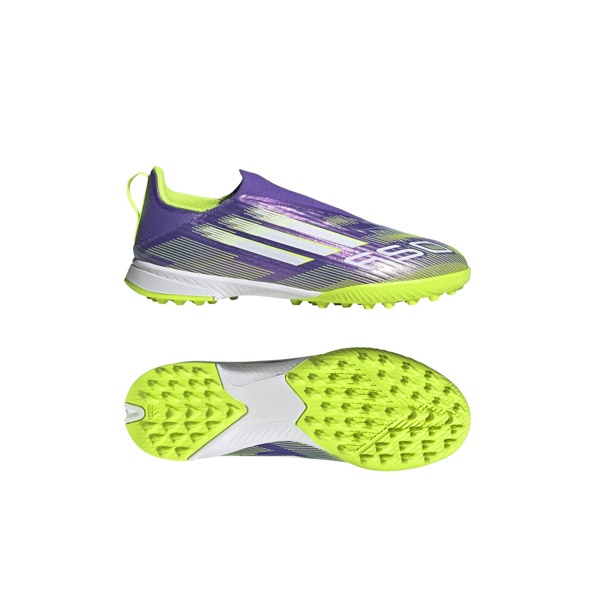 adidas Uniseks - dzieci F50 LEAGUE Laceless Turf Football Boots Kids, Purple Rush/Cloud White/Lucid Lemon, 35 EU