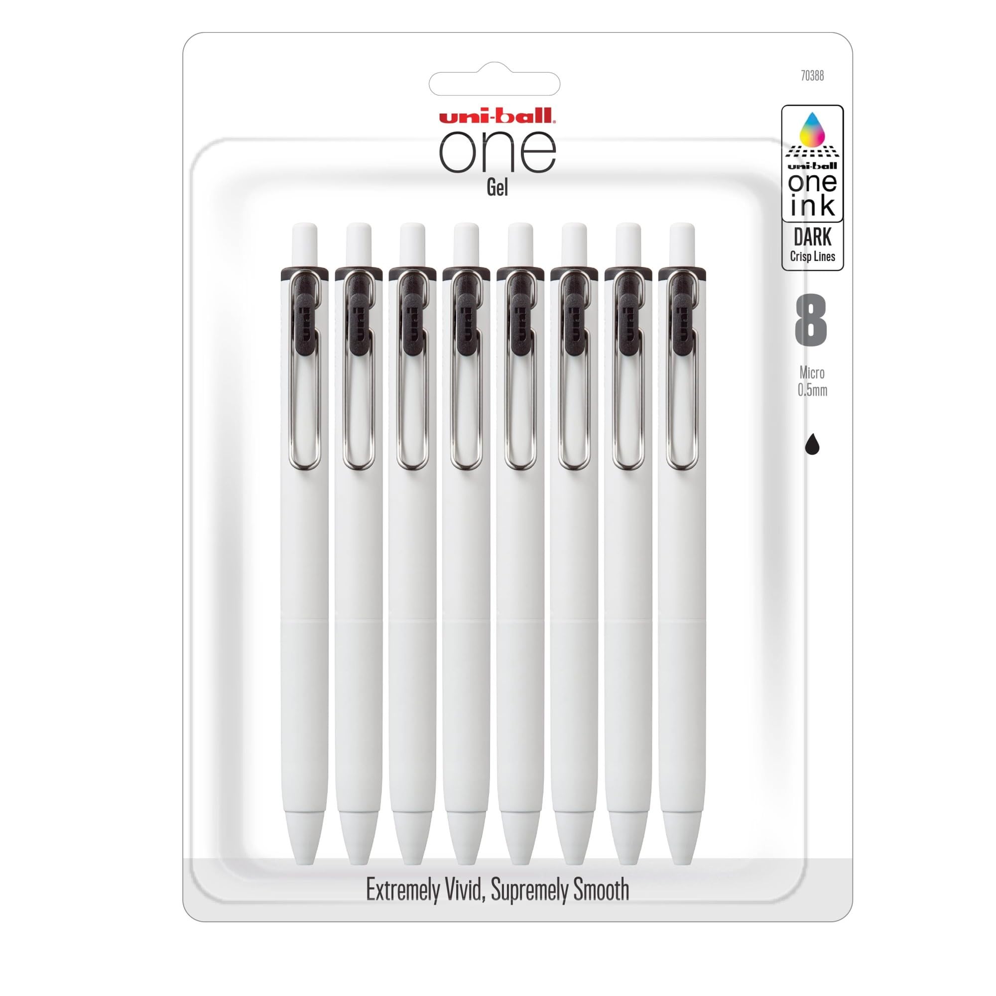 Uniball One einziehbarer und nachfüllbarer Gelschreiber, 0,5 mm Mikrospitze, schwarze Tinte, 8 Stifte