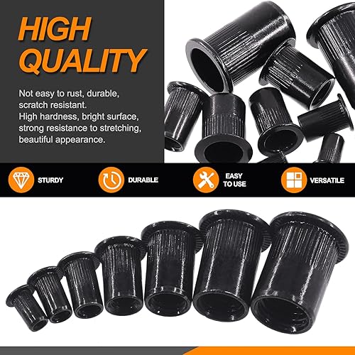Miniatura 4 de Rustark 180 tuercas de remache métricas de acero al carbono chapado en zinc negro Kit surtido de tuercas remachadas de cabeza plana moleteadas