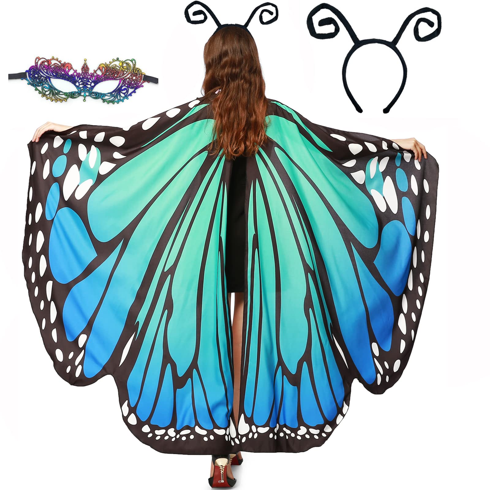 GRAJTCIN Butterfly Wings Cape for Womens Halloween Fairy Pixie Rave Costume Cosplay Antennas Headband Mask (Blue&green) — image 1