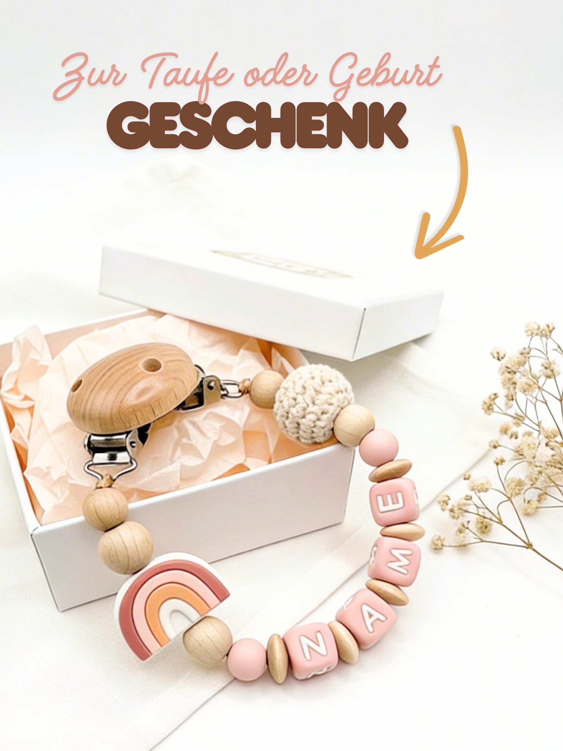 Schnullerkettenwelt Schnullerkette mit Namen - personalisiert aus Silikon und Holz für Baby Mädchen & Jungen mit Wunschname (Rosa) - 4