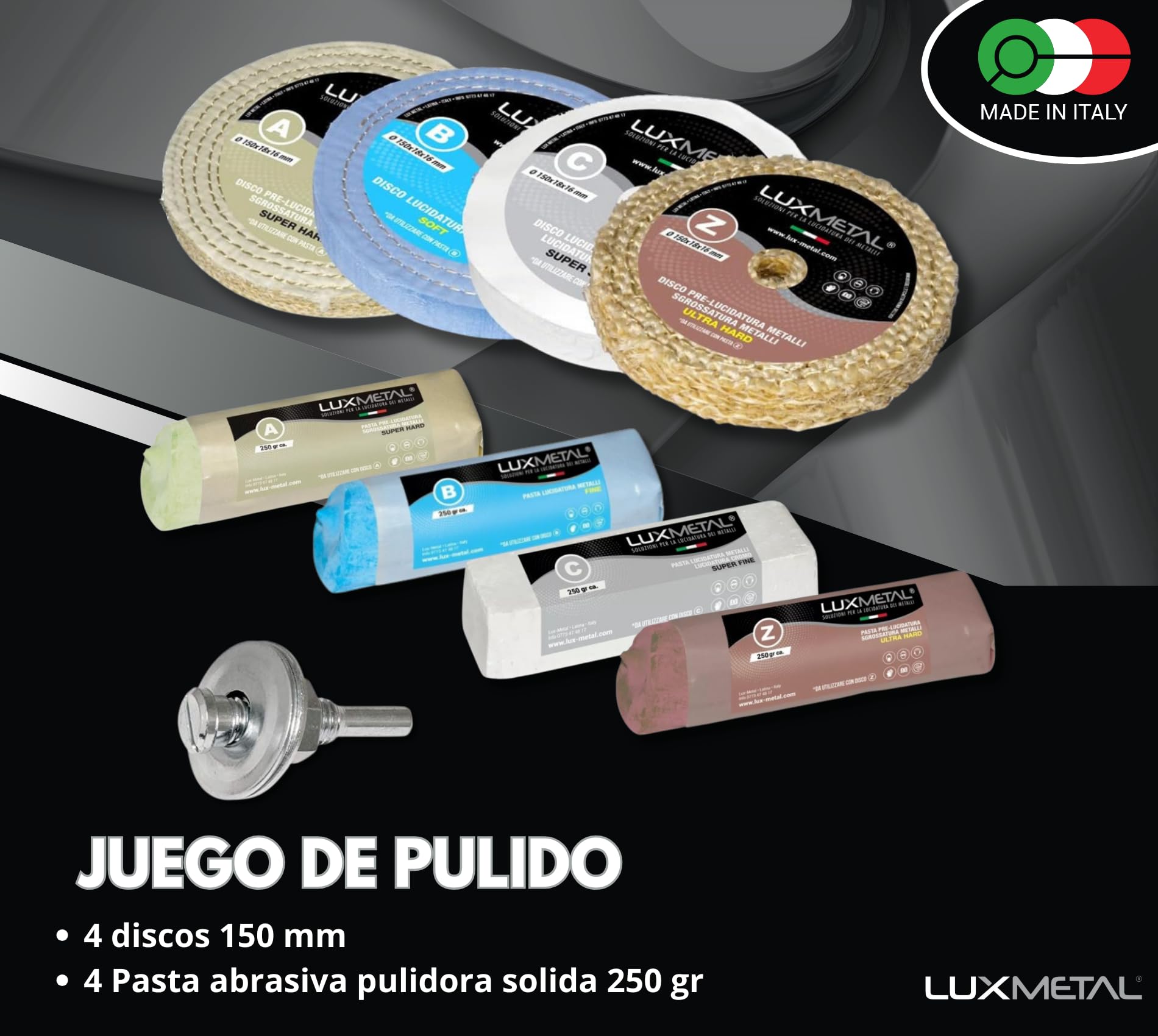 Kit de pulido 4 pastas de pulido abrasivas 250 g 4 discos de pulido 150 mm en algodón, muelas abrasivas para pulir metales de acero inoxidable aluminio muela de cobre latón cromado