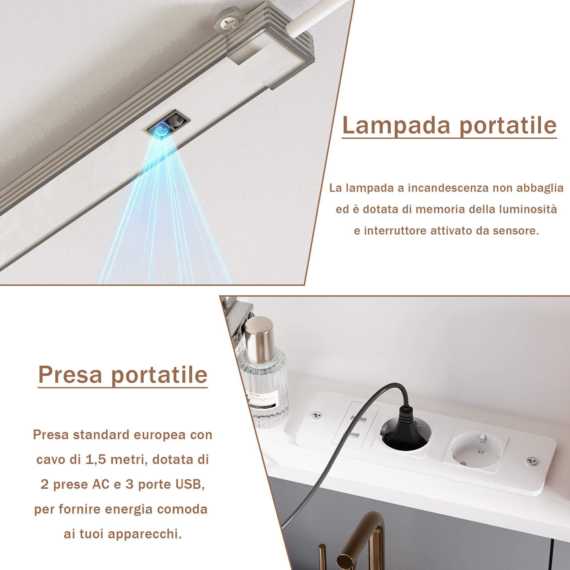 Specchio Bagno Contenitore con illuminazione e Antiappannamento Armadietto Bagno a Parete con Presa (2*AC + 3*USB) e 3 vani portaoggetti indipendenti per il Bagno 100 * 65 * 16 cm