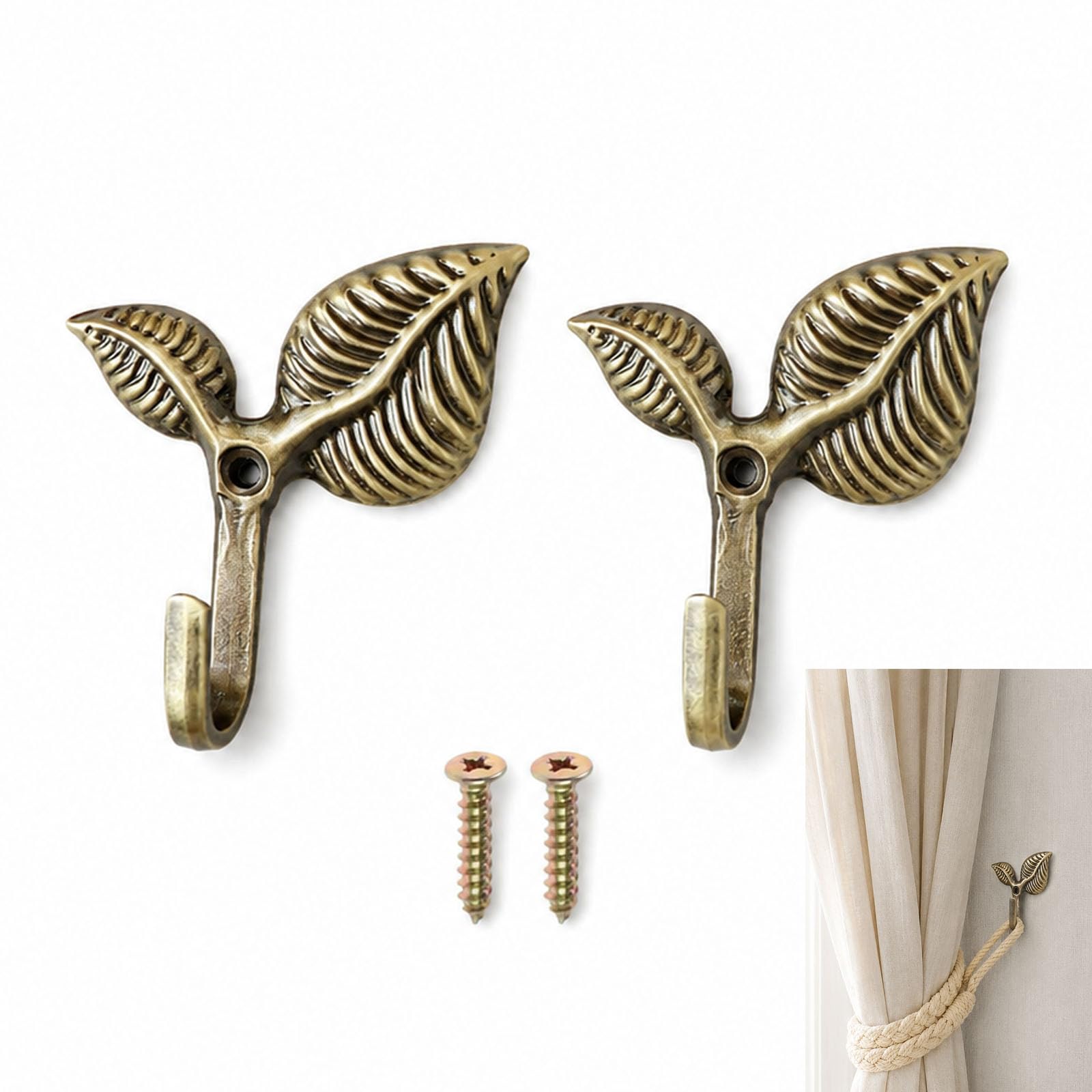 VBSYUYQ 2 Pcs Bronze Double Leaf Curtain Tieback Hooks, Vintage Wall Hooks