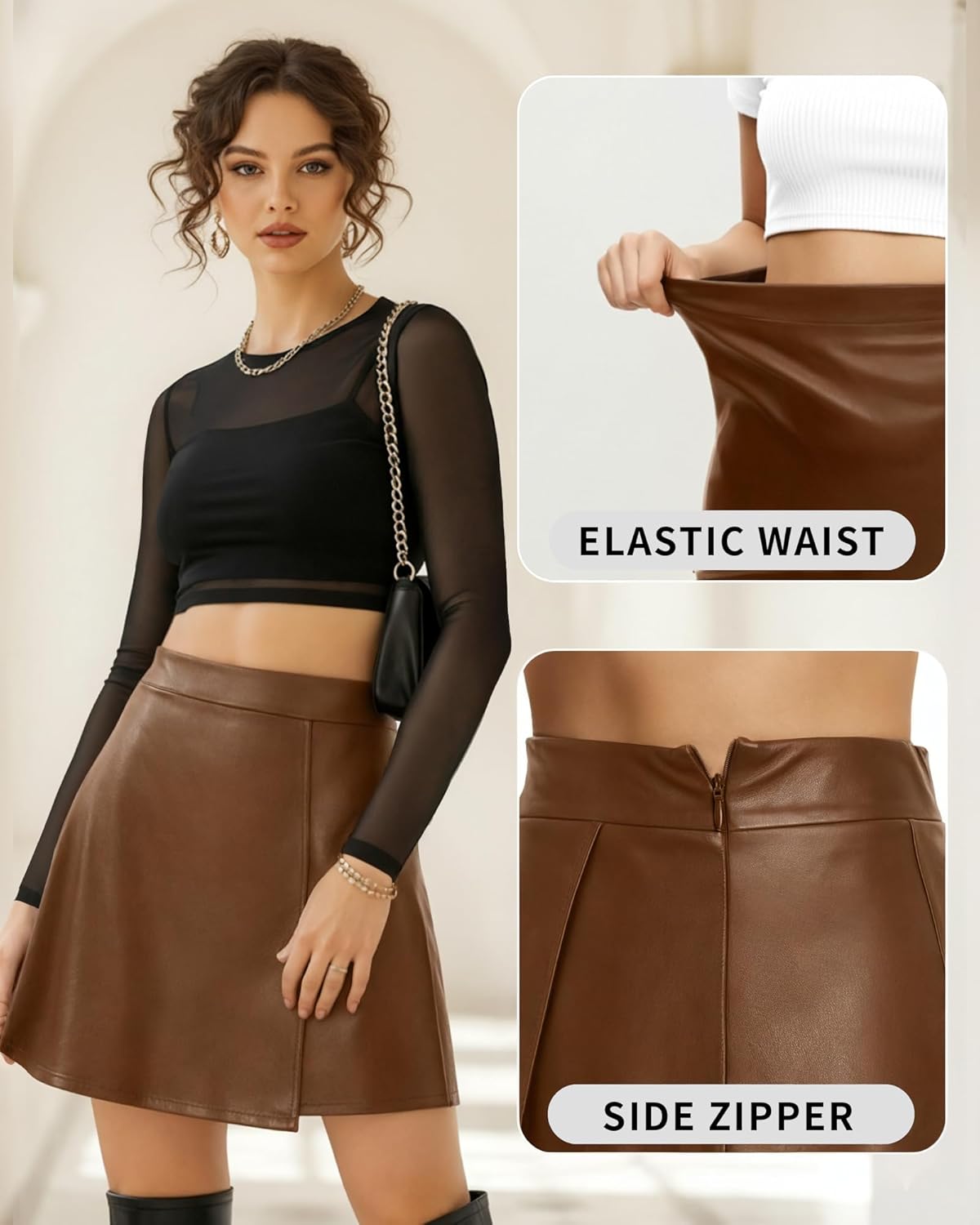 MANGOPOP Women's Faux Leather Skirt High Waist A Lined Mini Short Skirts Fall Winter Casual Trendy Outfit - Image 4