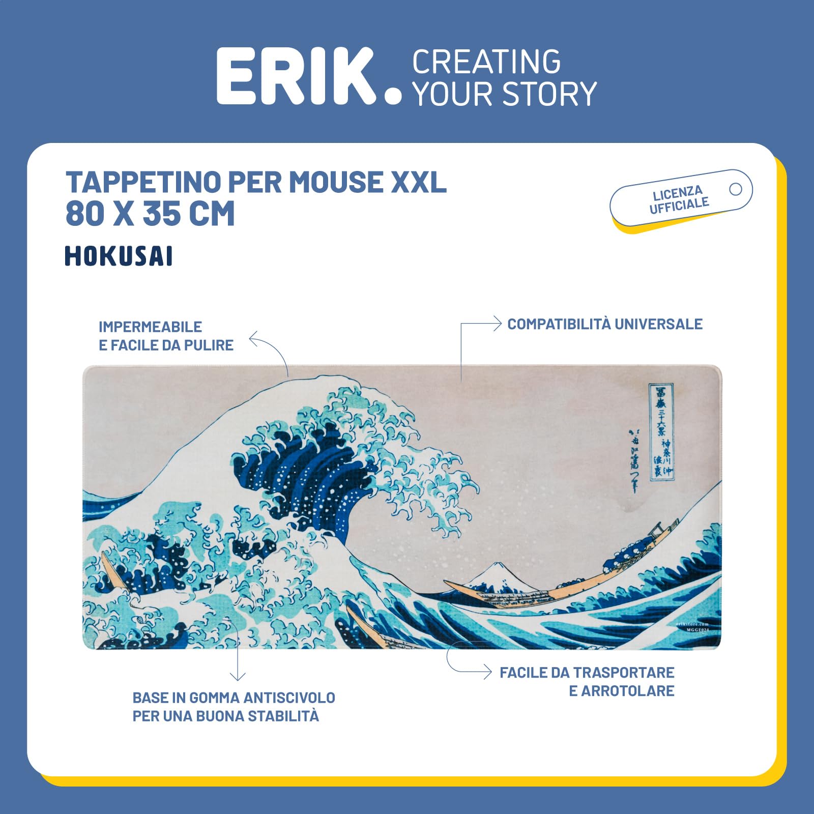 Grupo Erik Tappetino Mouse XXL La Grande Onda di Kanagawa 80x35 cm Impermeabile Antiscivolo