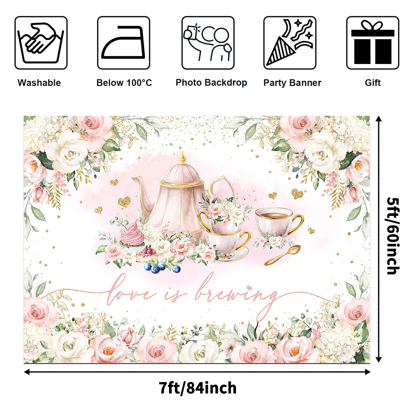 Avezano Love is Brewing Backdrop Wedding Bridal Shower Party Decorations Valentine's Tea Party Theme Photo Background Cake Table Banner (7x5ft)