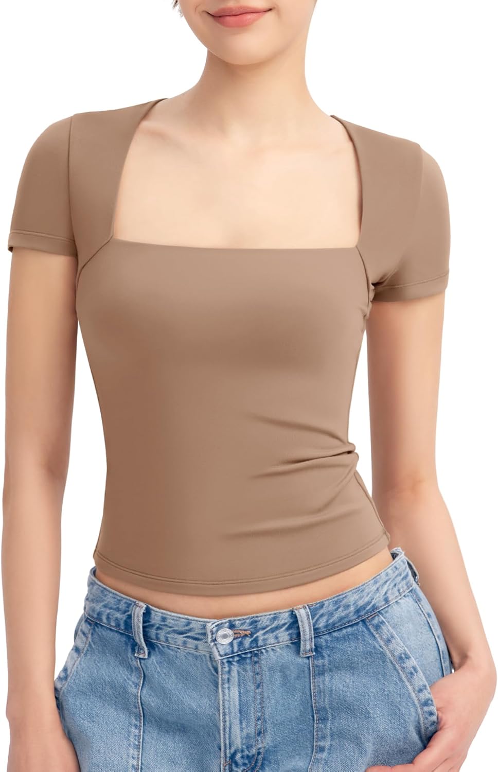 PUMIEY Women's Short Sleeve T Shirts Square Neck Going Out Tops Slim Fit Basic Tee Smoke Cloud Pro Collection