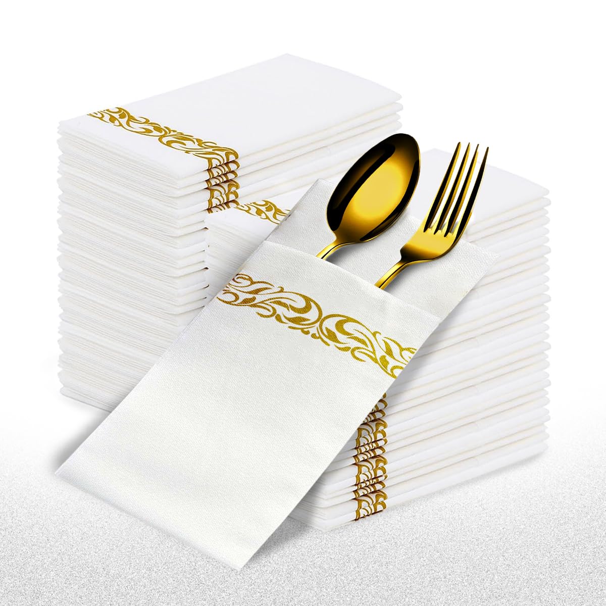 120-Pc Disposable Linen Feel Dinner Napkins - Elegant White and Gold Napkins, Cloth-Like, Prefolded with Flatware Pocket. Ideal for Parties, Weddings, Dinners, and Events