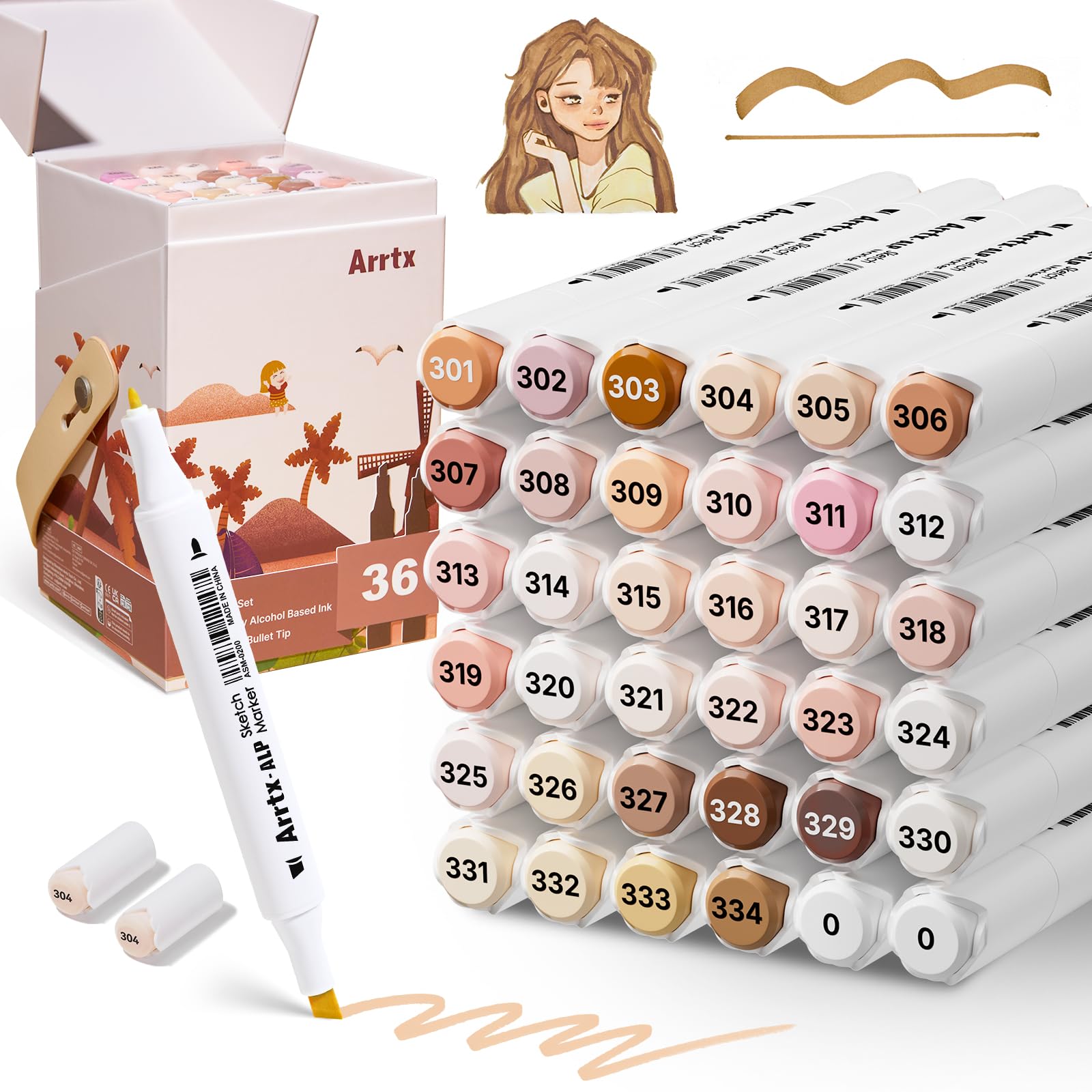 Arrtx ALP Alcohol Markers 36 Skin Tone Set with Dual Tips Highly Pigmented Professional Art Markers for Portrait Sketching, Fashion Design, Manga & Adult Colouring Books