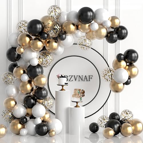 Kit de guirnalda de globos de oro blanco y negro, 100 piezas de globos de látex de confeti negro blanco metálico dorado y dorado para decoración de