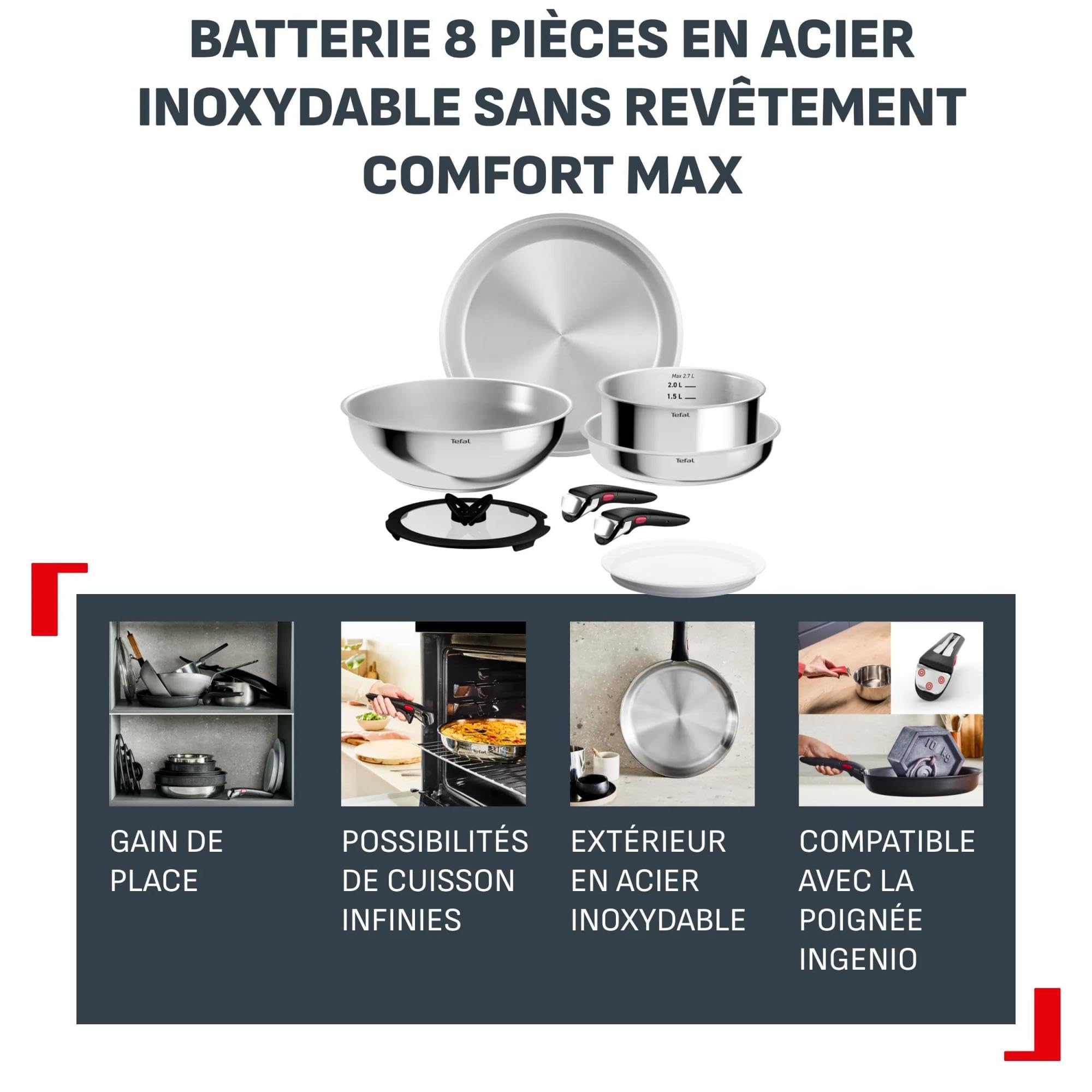 INGENIO COMFORT MAX ON, set 8P, uncoated | Fond extra résistant, peu encombrant, tous types de feux, poignée sûre, nettoyage sans effort, acier inoxydable, L968S834