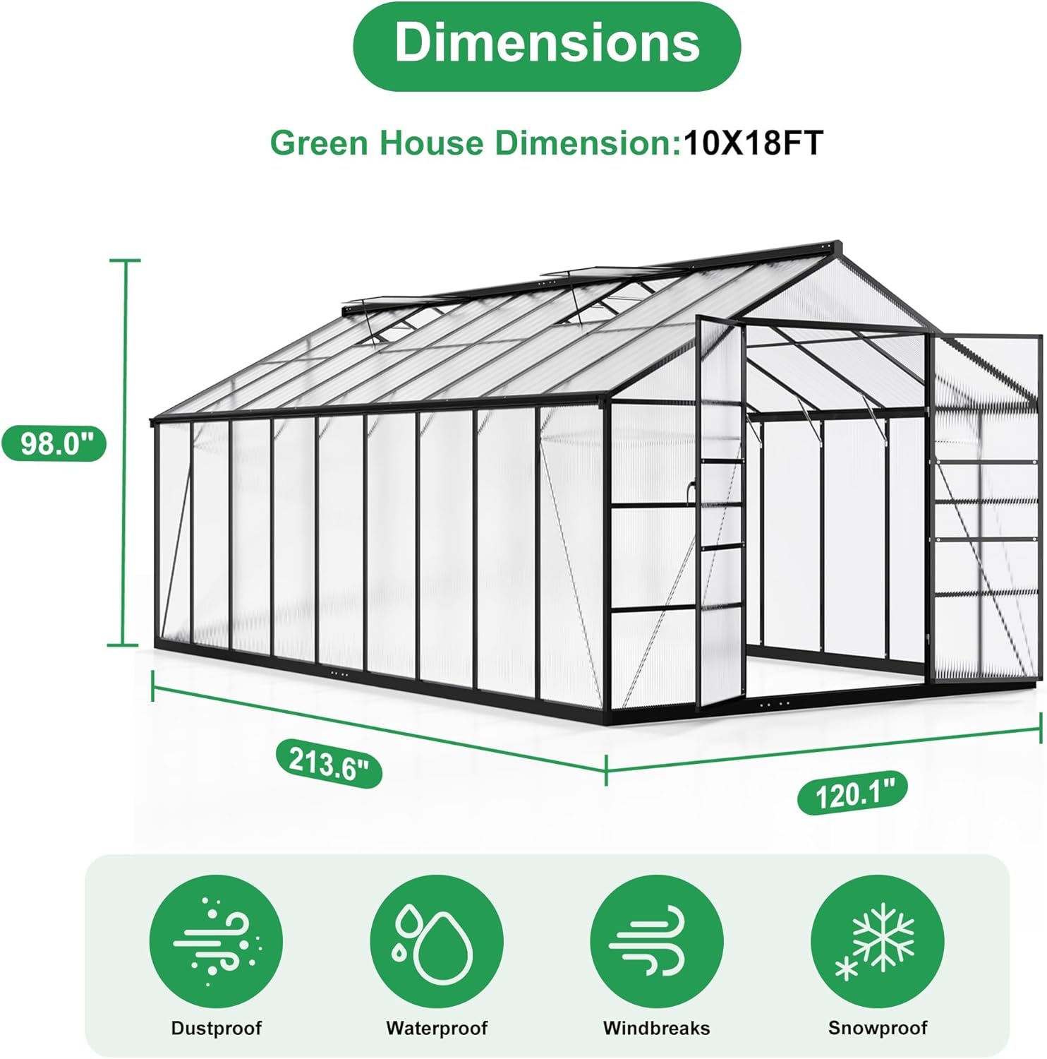 WKM 10x18 FT Greenhouse for Outdoors, Walk-in Polycarbonate Greenhouse with Quick Setup Structure and Roof Vent, Heavy Duty Green House for Outside Garden Backyard, Black