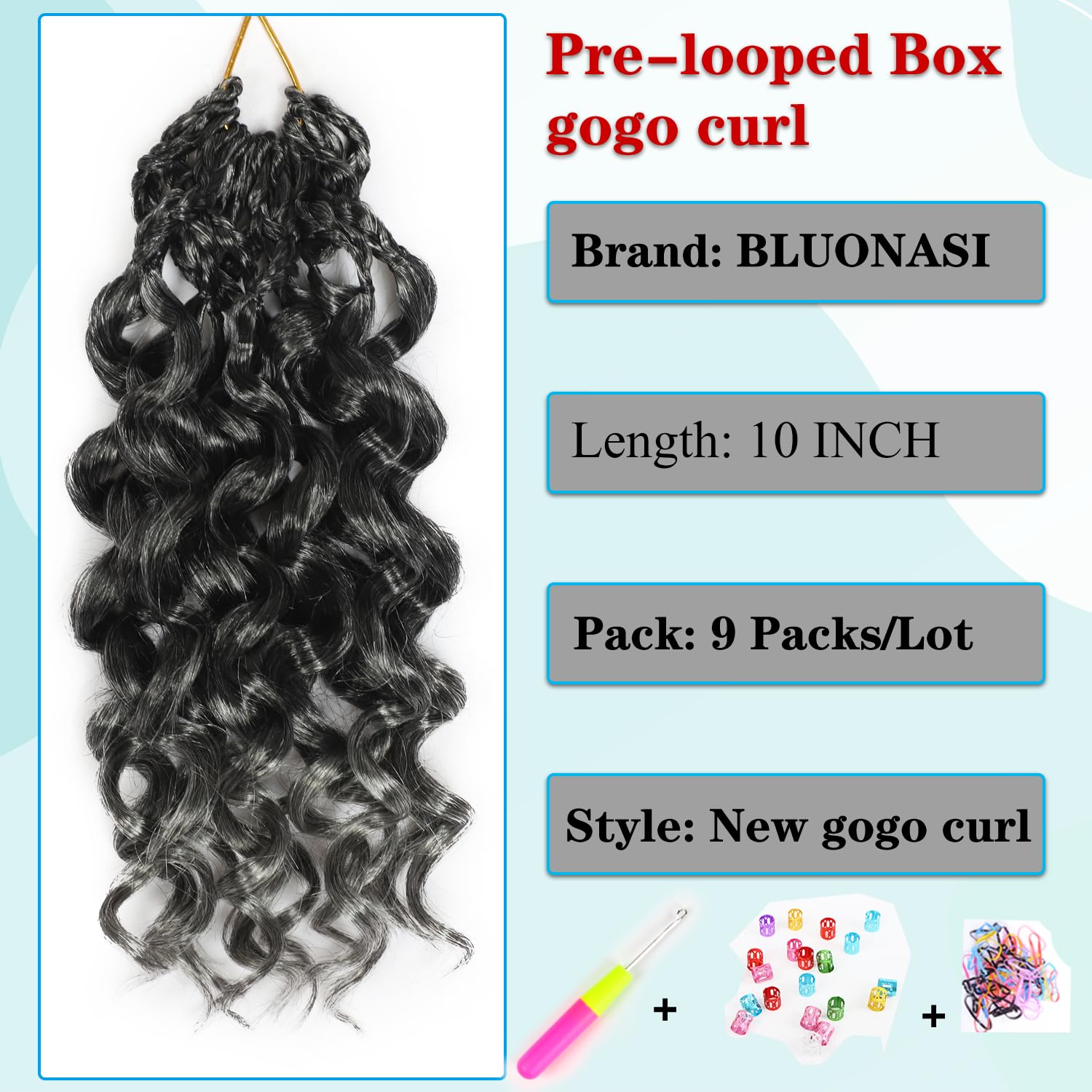 BLUONASI Gogo Curl Crochet Hair 10 Inch 9 Packs Ocean Wave Curly Crochet Hair for Black Women Pre-Looped Deep Wave Water Curly Braiding Extensions (T/Grey# - Image 4