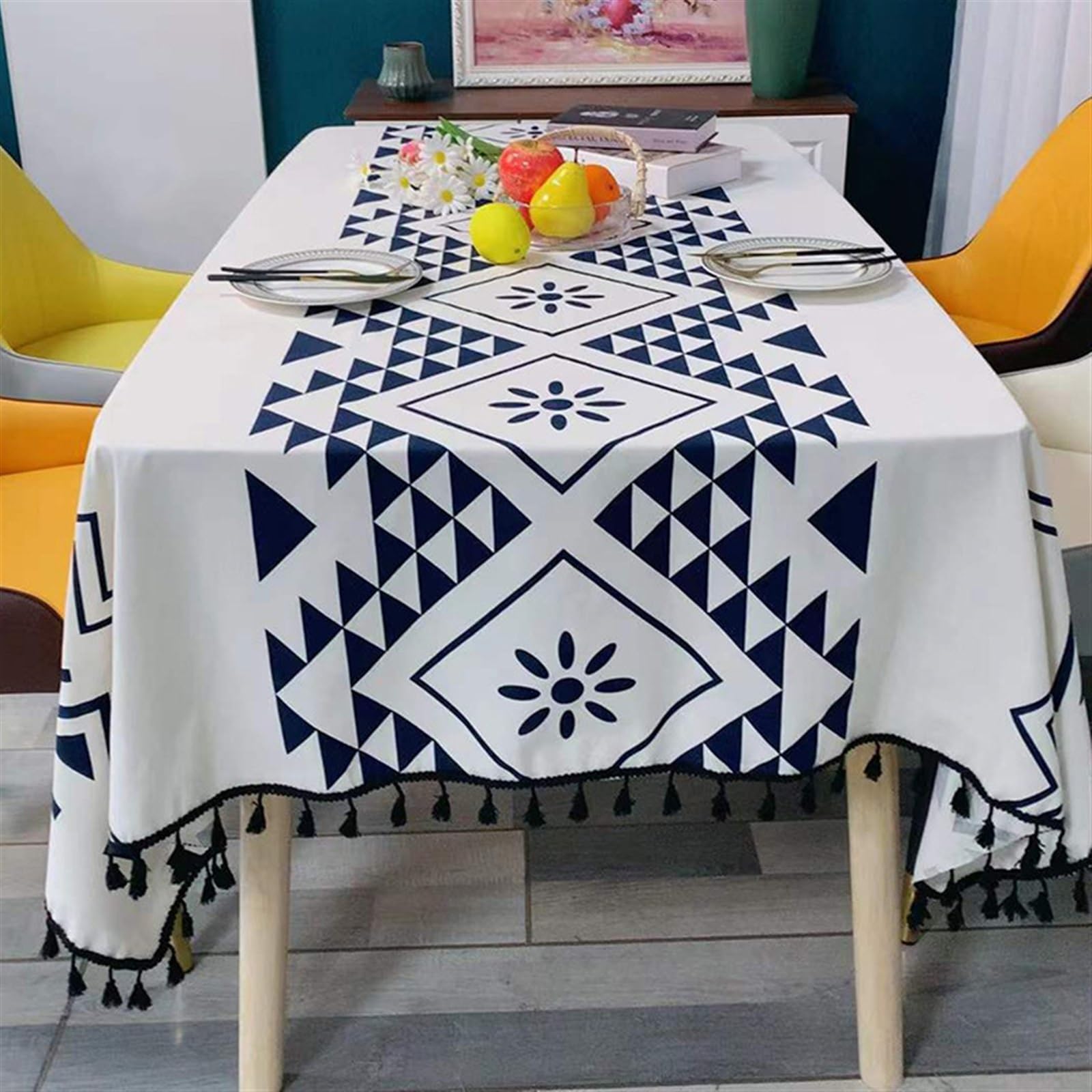 Nappe lavable rectangulaire coton lin décoration cuisine à pompons