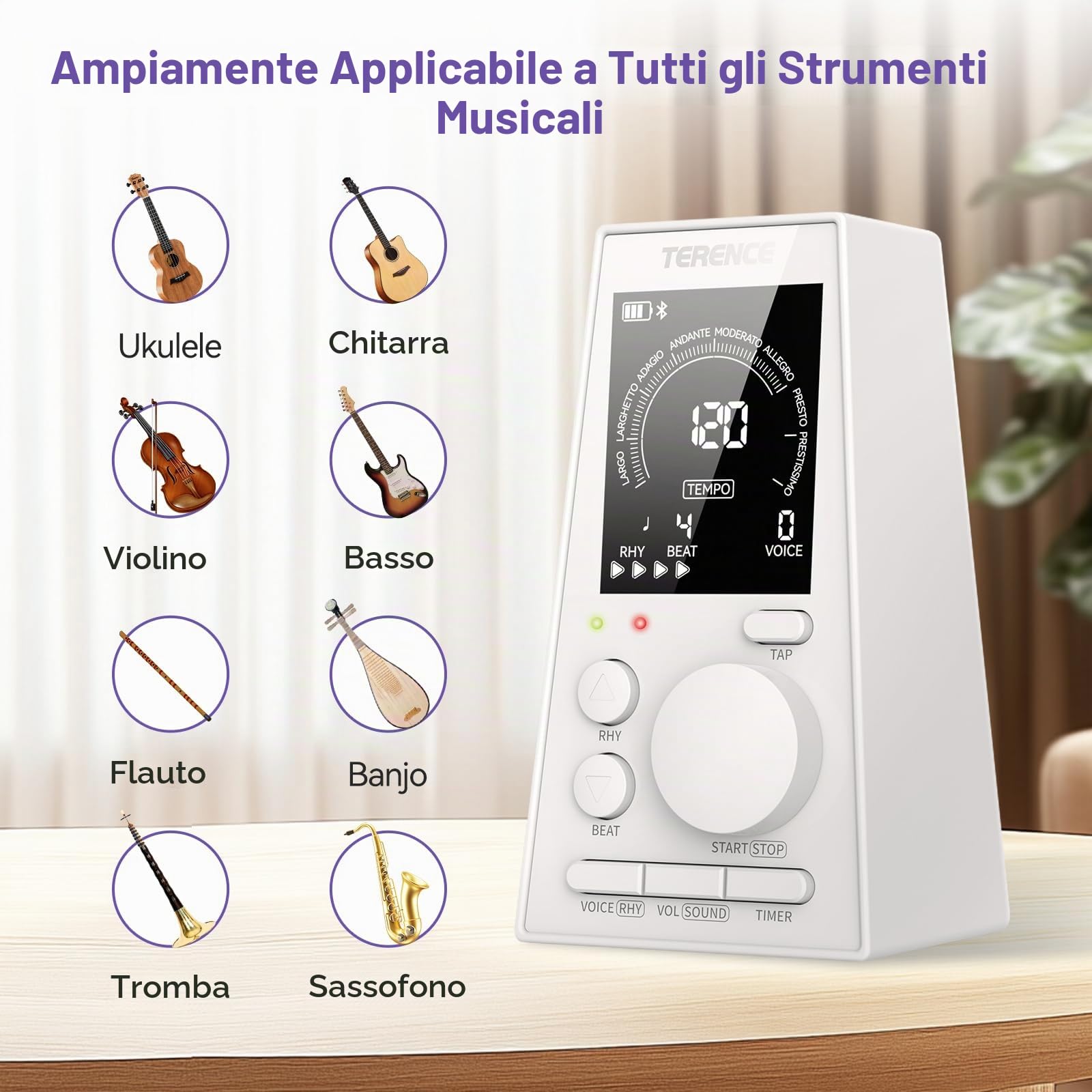 TERENCE Metronomo Digitale per Pianoforte Basso Ukulele Strumenti Musicali Metronomo Elettronico con Altoparlante LCD Display Volume Ritmo Regolabile Ricaricabile Timer Funzione Tempo 30-252bpm Bianco