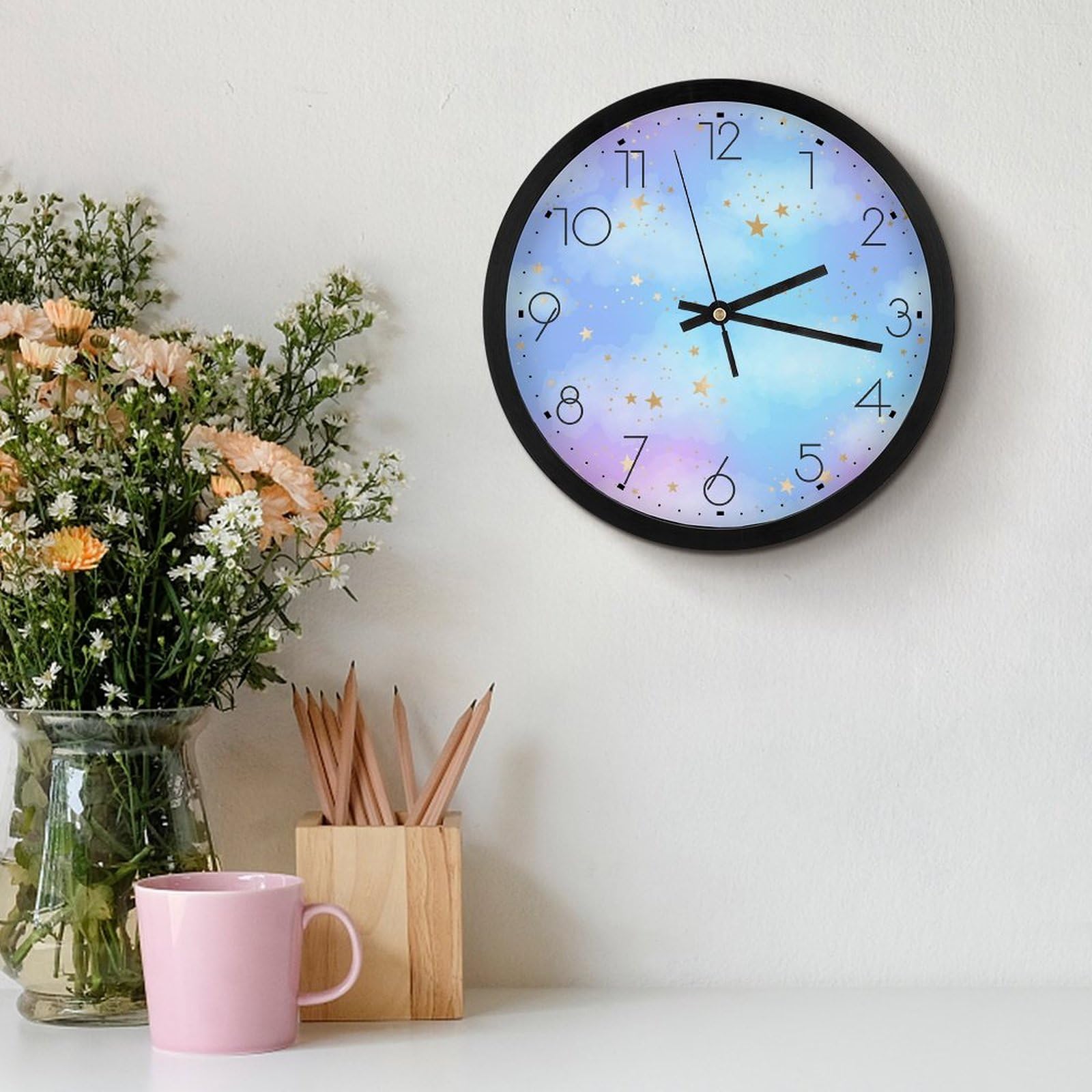 Amazon.co.jp: 星 星柄 かわいい 宇宙 ブルー 壁掛け時計 かけ時計