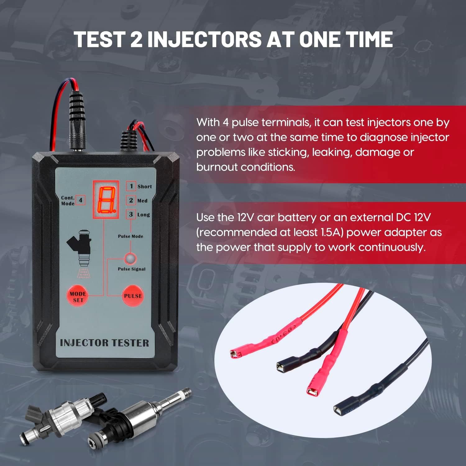 MR CARTOOL Tester per Iniettori di Carburante Veicolo da 12V con 4 Adattatori e 8 modalità di Impulso, Tester di Pressione dell'iniettore del Carburante del Veicolo Kit di Pulitore dell'iniettore