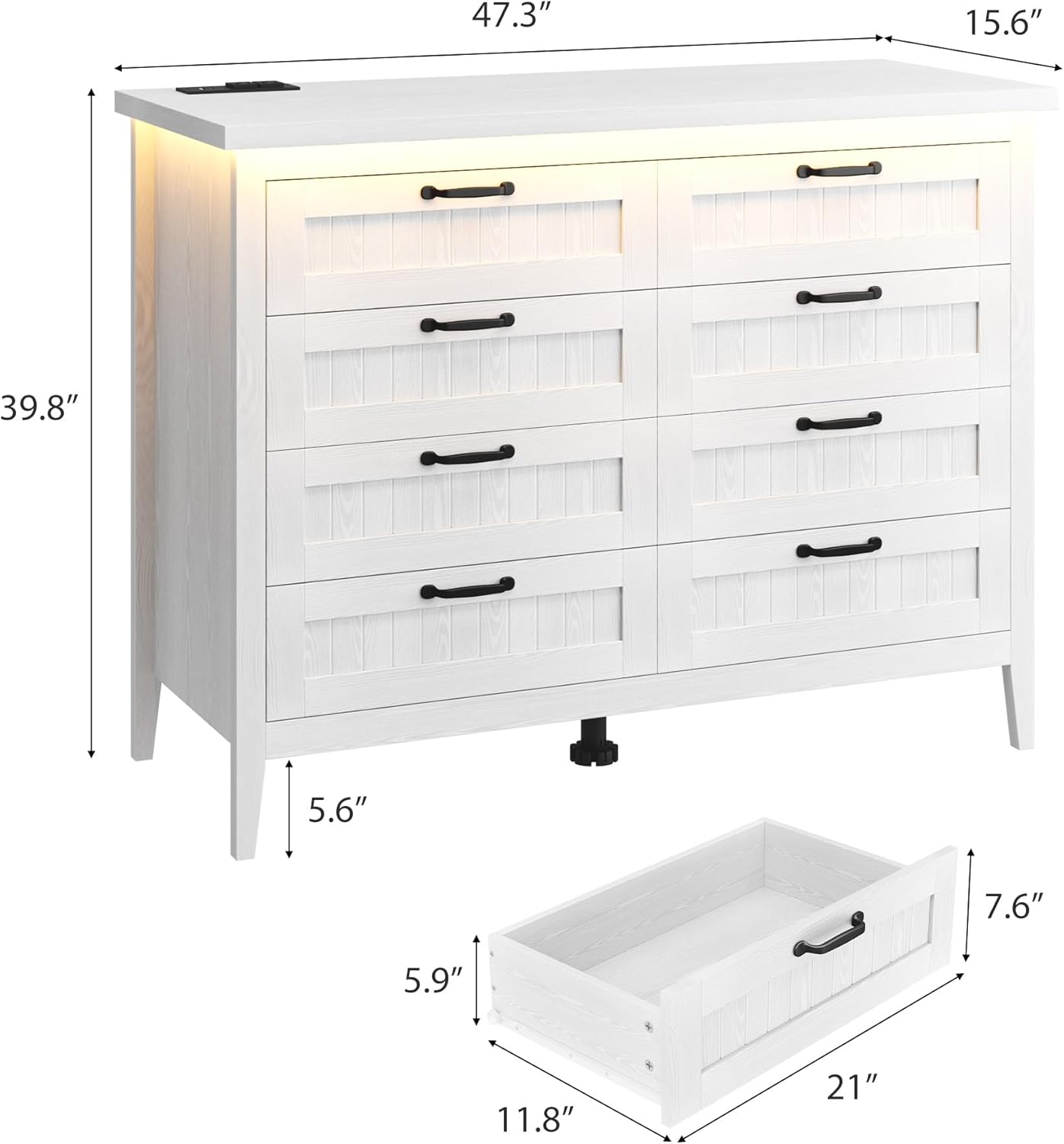 IDEALHOUSE 8 Drawer Dresser with Power Outlet, White Dresser with LED Light, Modern Chest of Drawers for Closet, Double Wide Drawer Organizer Cabinet for Bedroom, Living Room