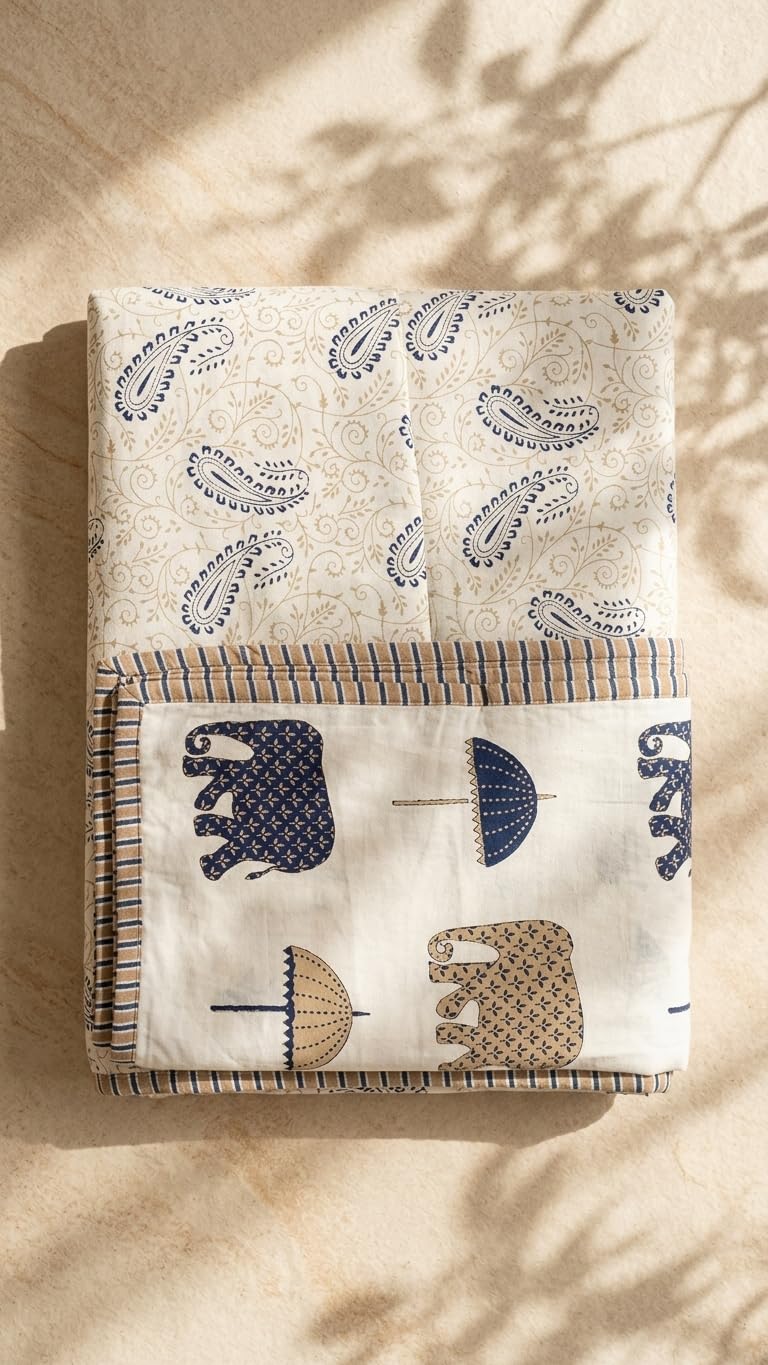 Kasa Heavens Single Bed Reversible Dohar, Fabric Cotton Block Print Cotton Quilt with Elephant & Paisley Design-image-14