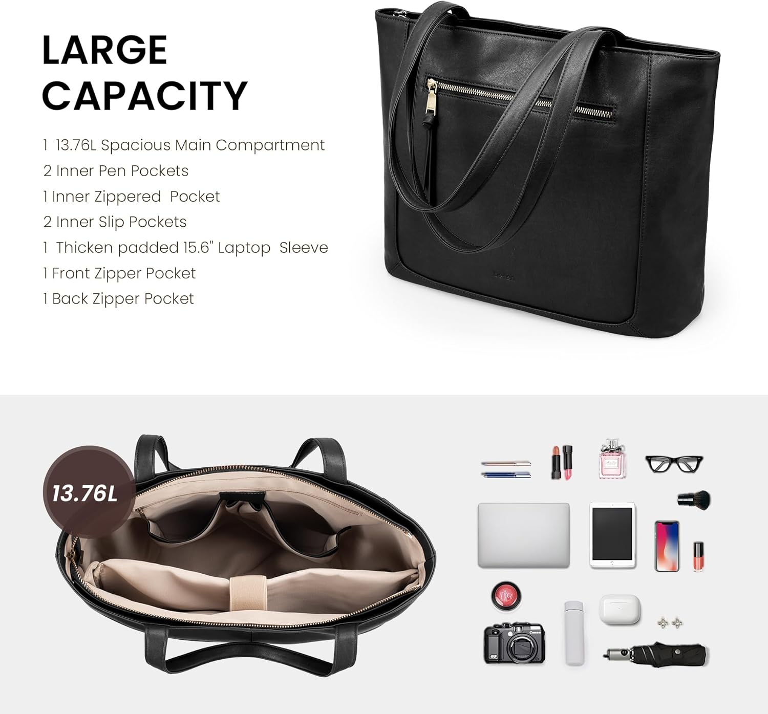 befen Genuine Leather Tote Bag for Women, Work Purse with Zipper and 15.6" Compartment - Image 4