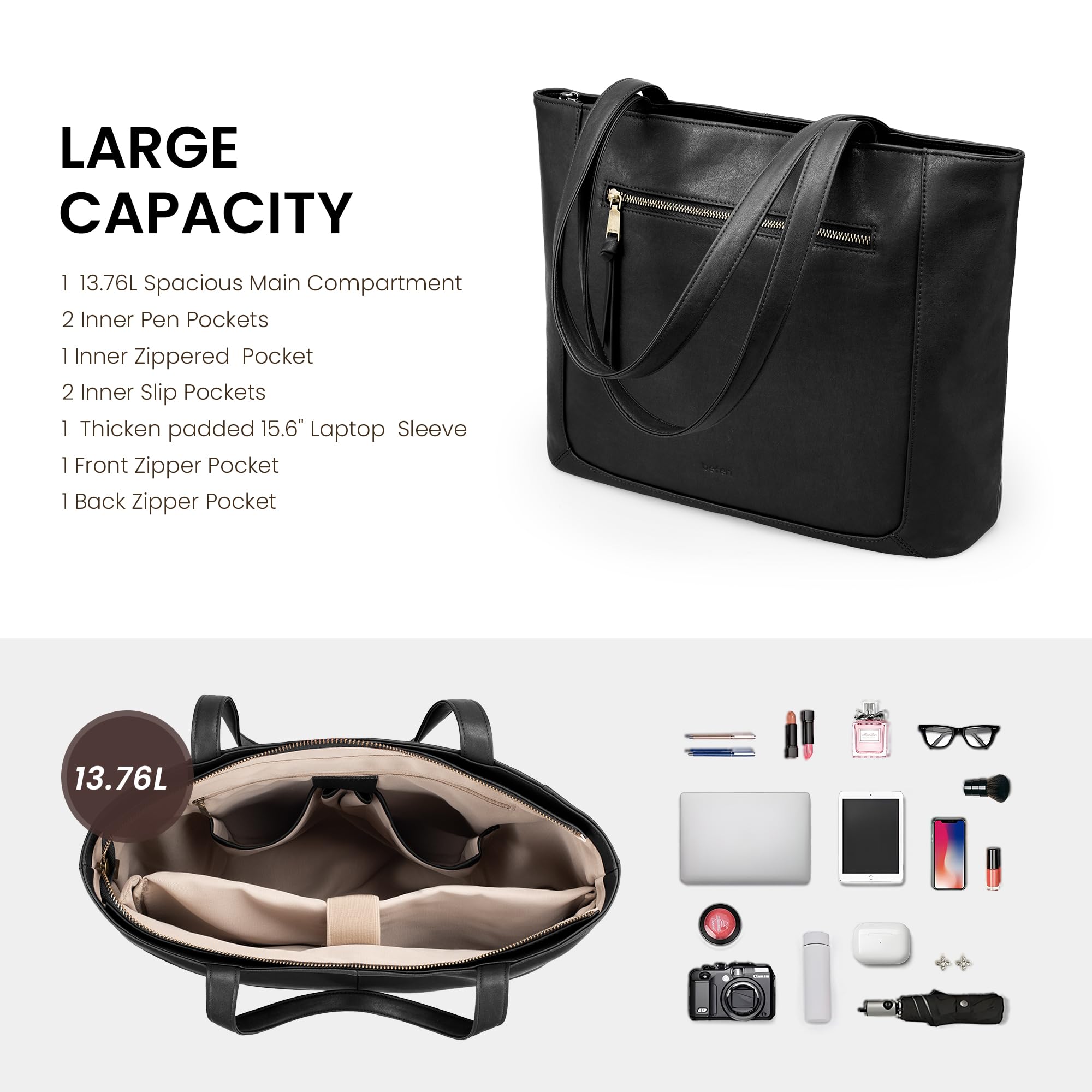 befen Borsa Tote in Vera Pelle per Donna, Borsa da Lavoro con Zip e Scomparto per Computer 15,6"