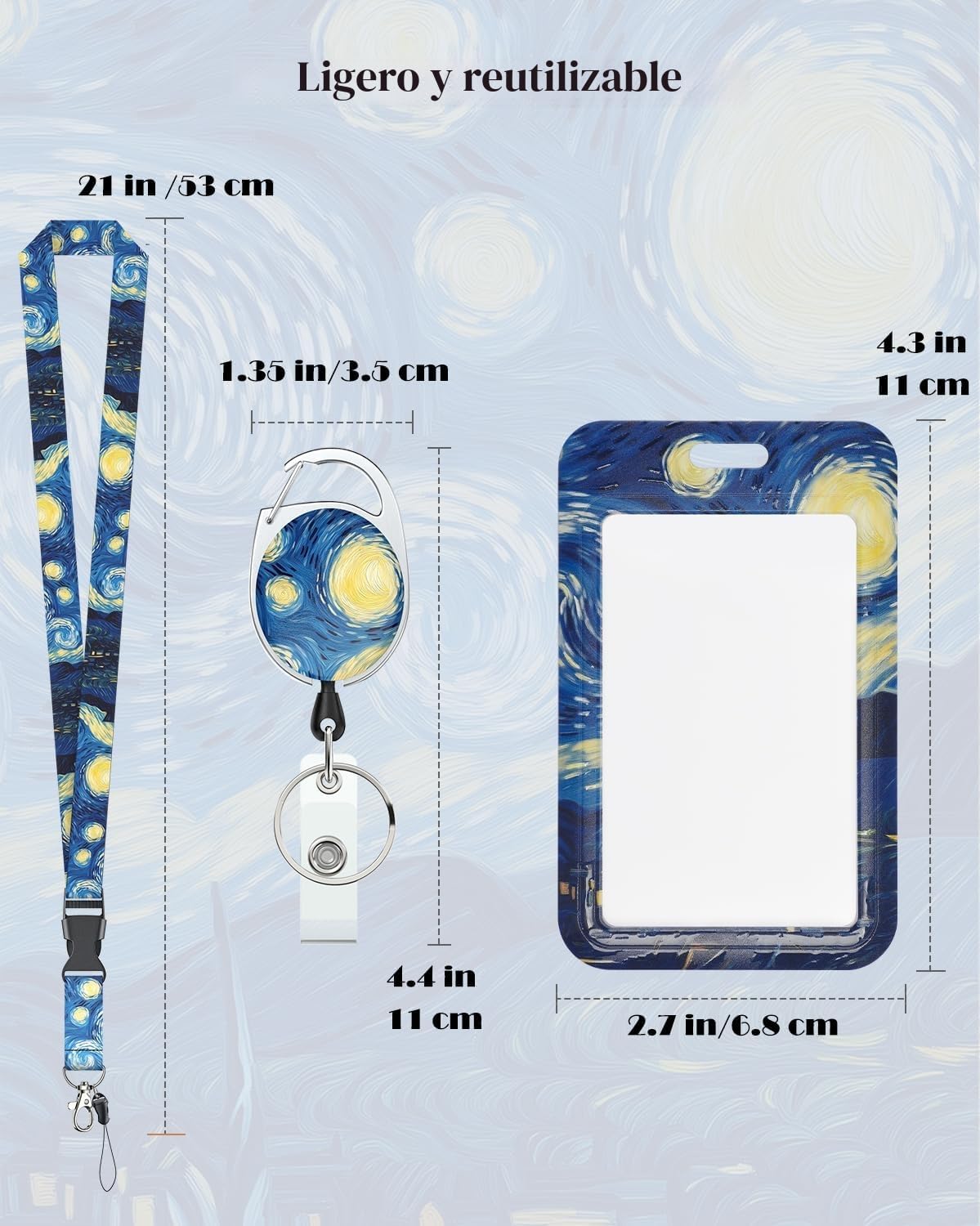 Uniclife Porta Tarjetas Identificativas La Noche estrellada Portatarjetas de Plástico Retráctil Mosquetón Cordón Desmontable Protector Vertical Tarjetas Empleados Oficina Enfermera Estudiante