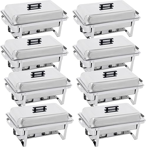 Miniatura 8 de SUPER DEAL Paquete de 8 calentadores de alimentos de 8 cuartos de galón, juego de bufé rectangular con patas de marco plegable, plato de acero